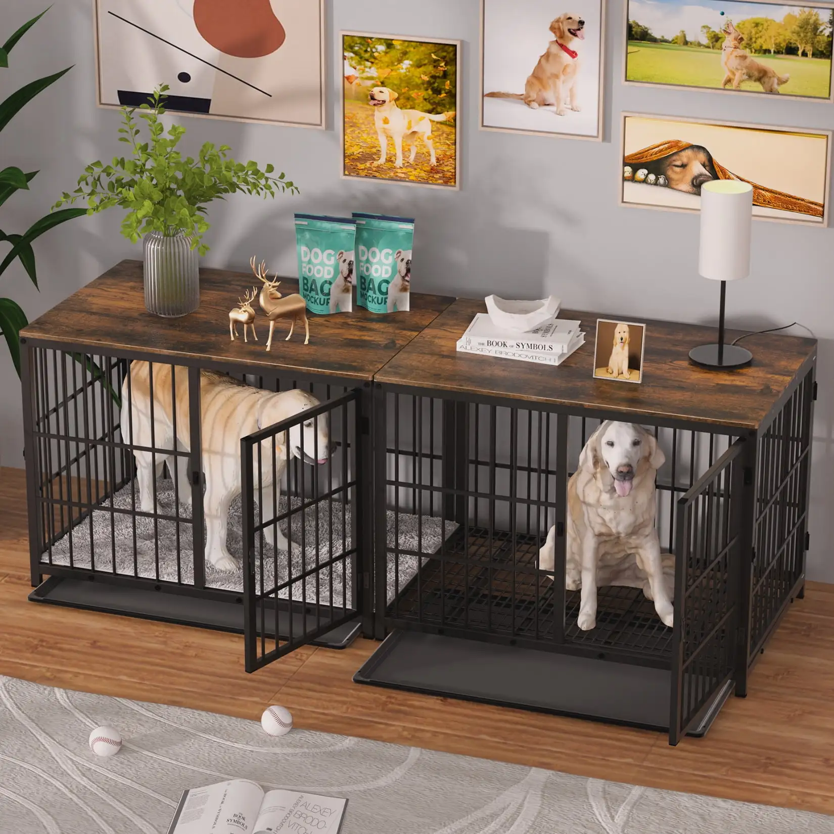 Bingopaw Triple Door Wooden Dog Crate Indoor. Black. Extra Large. Removable Tray. 42.32L x 28.15W x 31.89H