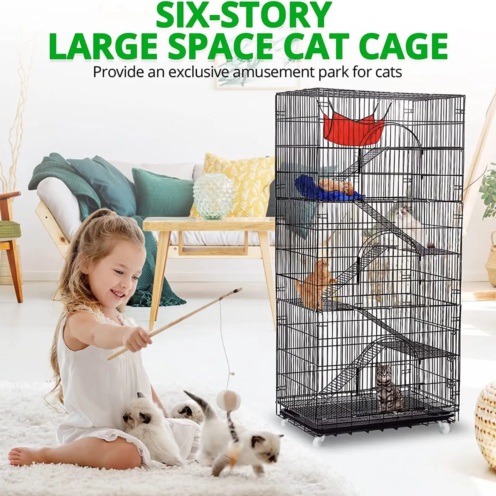 Biplut 360 Degree Swivel Bolt Removable Ramp Design Foldable Cat Cage 6-Tier 3 Doors Iron Wire Small Animal House