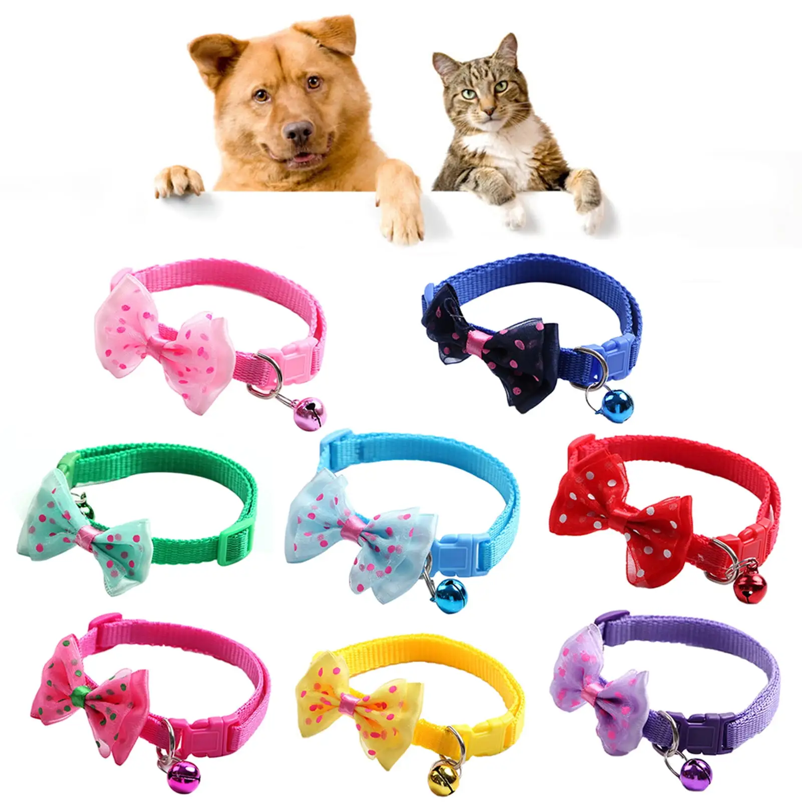 Biplut Pet Collar Dot Print Bowknot Adjustable Nylon Dog Puppy Bell Bow Neck Strap Necklace for Pet