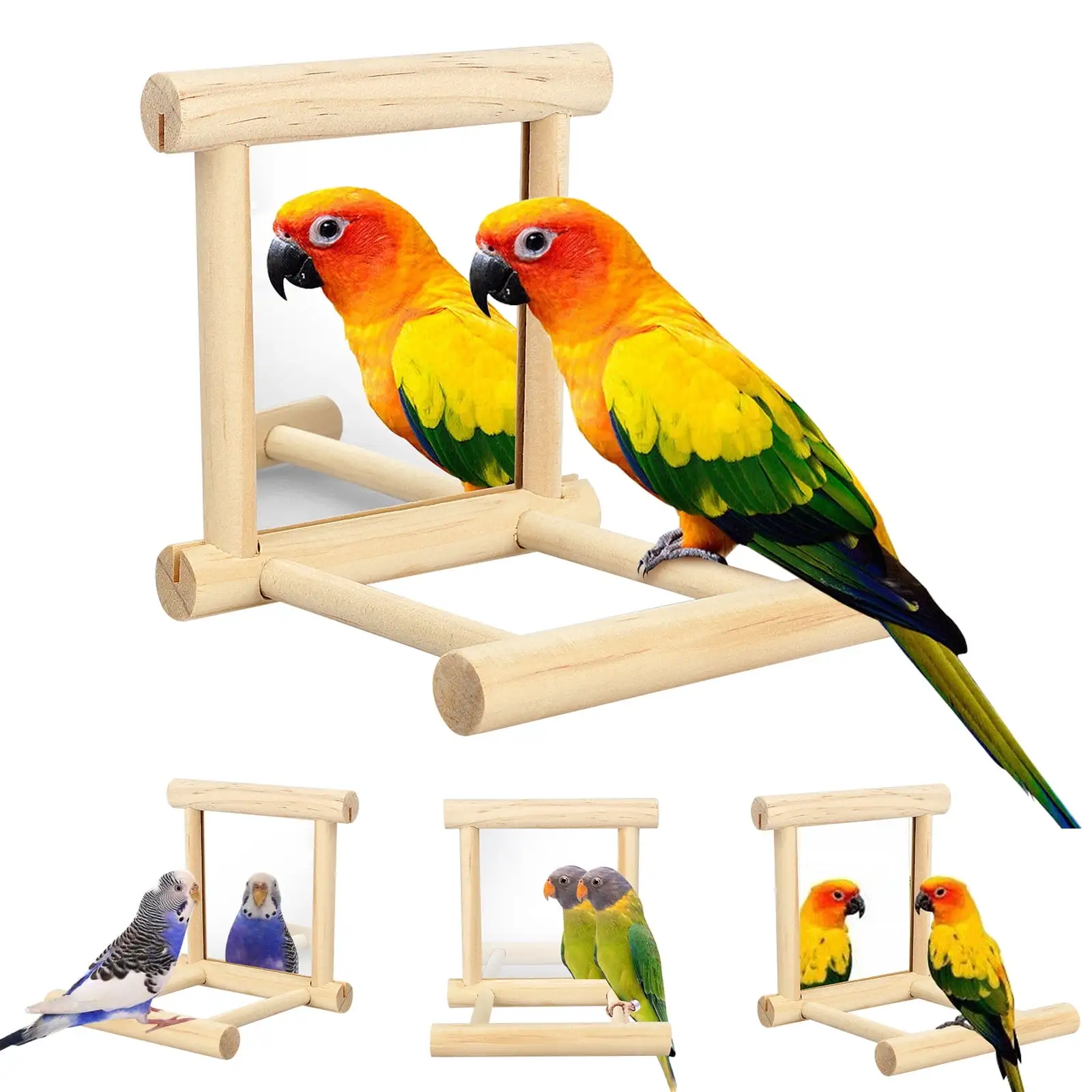 Bird Parakeet Mirror for Cage. Parrot Perch Stand.Wooden Hummingbird Swing Toy.Parakeet Accessories for Cockatiels Conure Finch Lovebird Canary African Grey Macaw