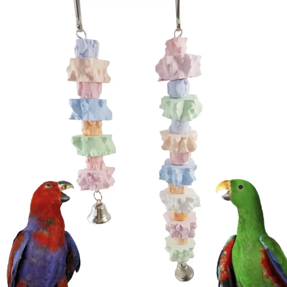 Bird Parrot Hanging Chew Toys.Colorful Parrot Beak Grinding Calcium Stone with Bell Parrot Beak Trimmer Stone Parakeet Toys Bird Cage Accessories for Cockatiel Budgies Rat Hamster Rabbit