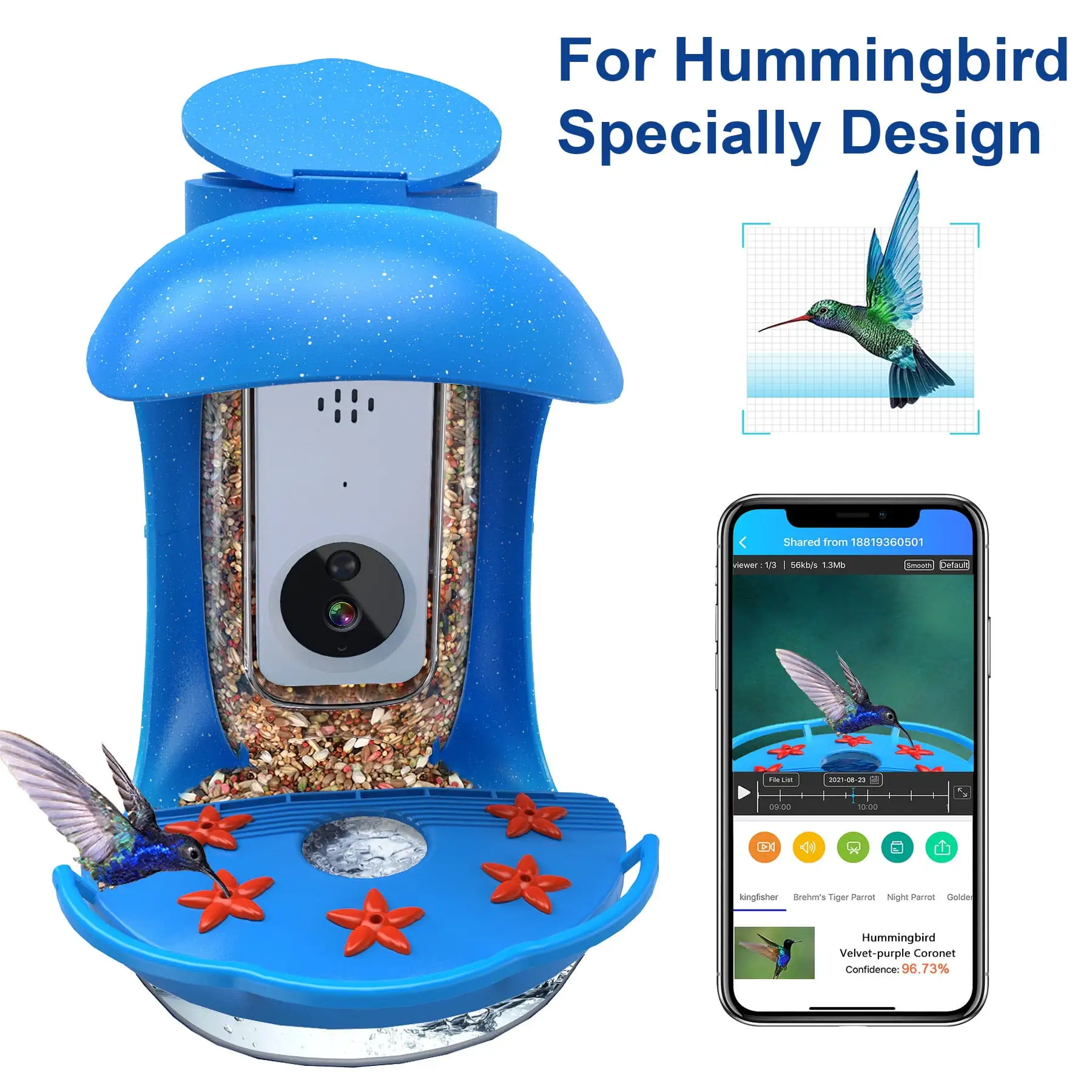 Birddock Smart Bird Feeder with Camera with SD Card. Hummingbird House Bird Feeder Blue