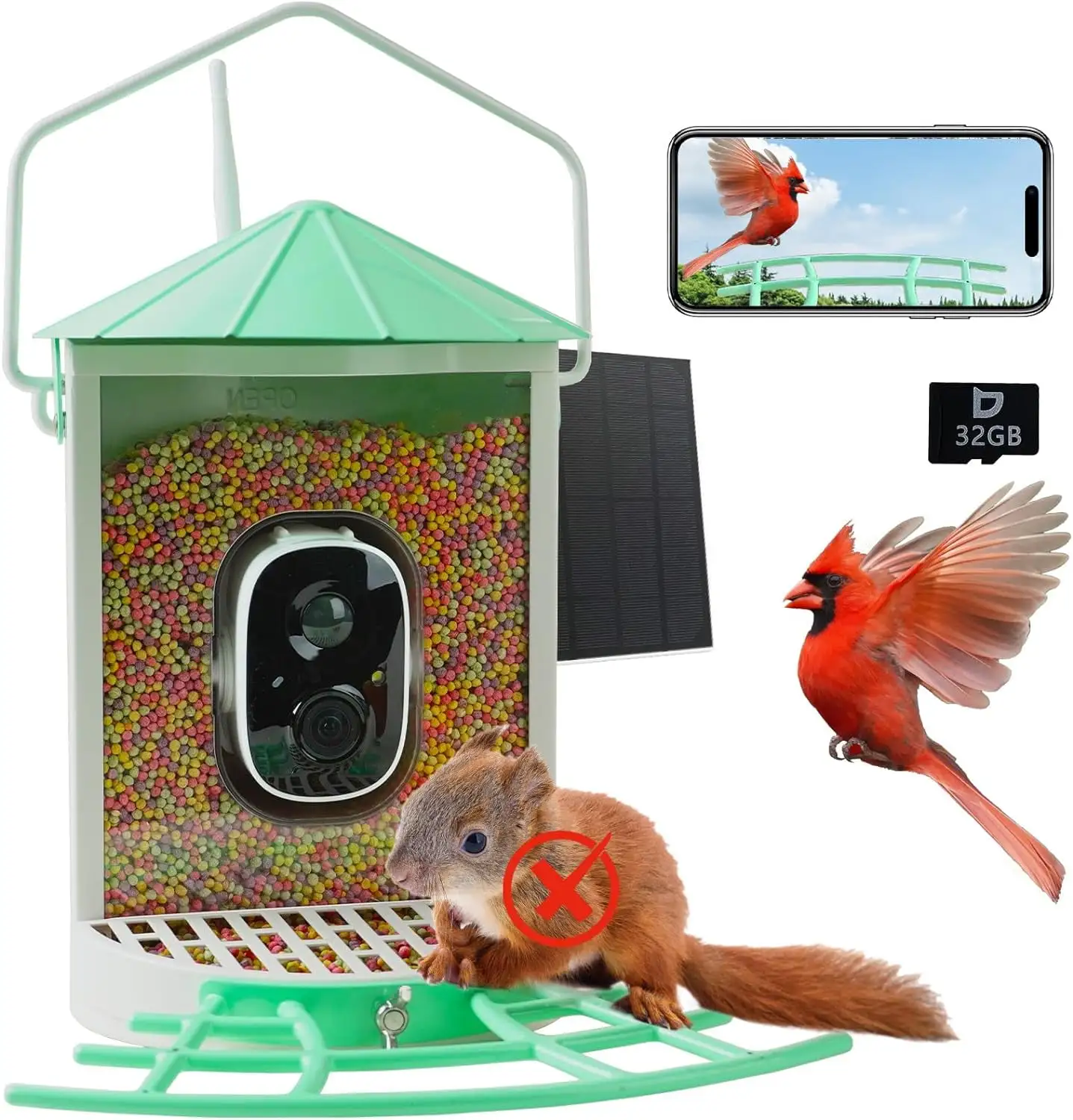 Birdkiss Smart Bird Feeder with Camera. Metal Squirrel Proof Bird Watching Cameras with AI Identification & Solar Panels. Gifts for Bird Lovers. Mint Green