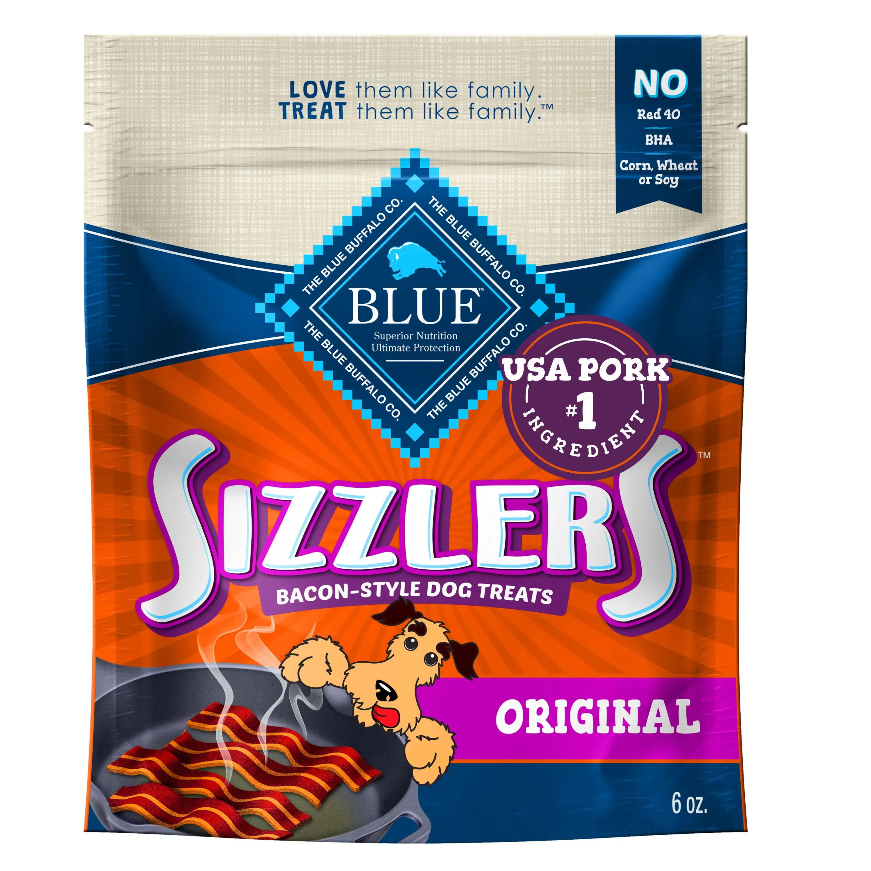 Blue Buffalo 802384 Sizzlers Dog Treat. Bacon. 6 oz. - Quantity 1