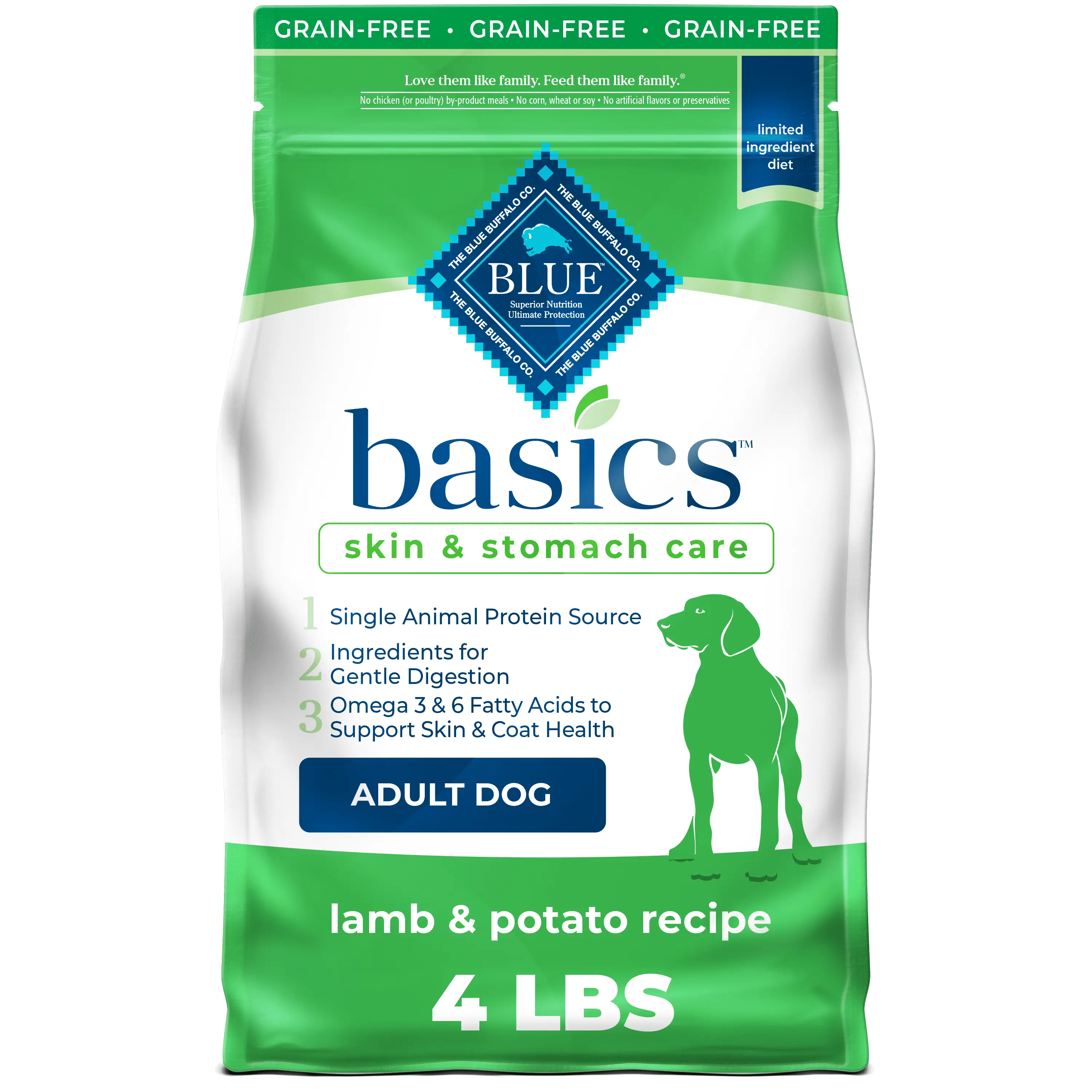 Blue Buffalo Basics Adult Grain-Free Dry Dog Food. Lamb & Potato. 4-lb. Bag