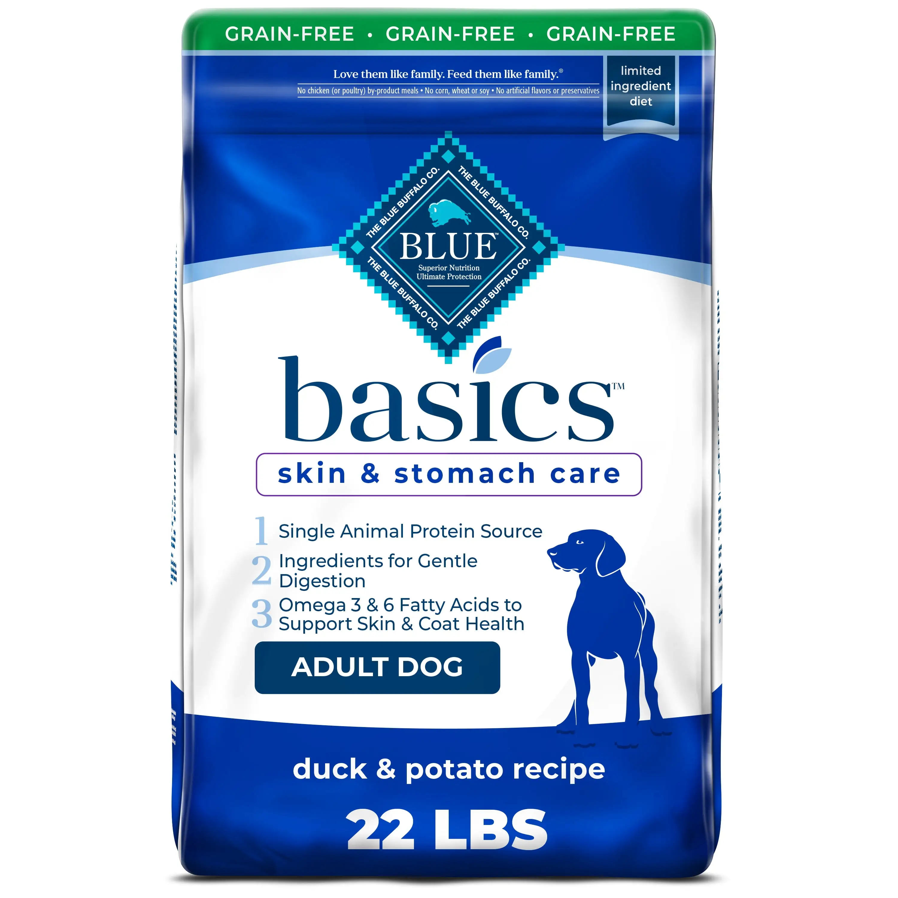 Blue Buffalo Basics Skin & Stomach Care Duck and Potato Dry Dog Food for Adult Dogs. Grain-Free. 22 lb. Bag