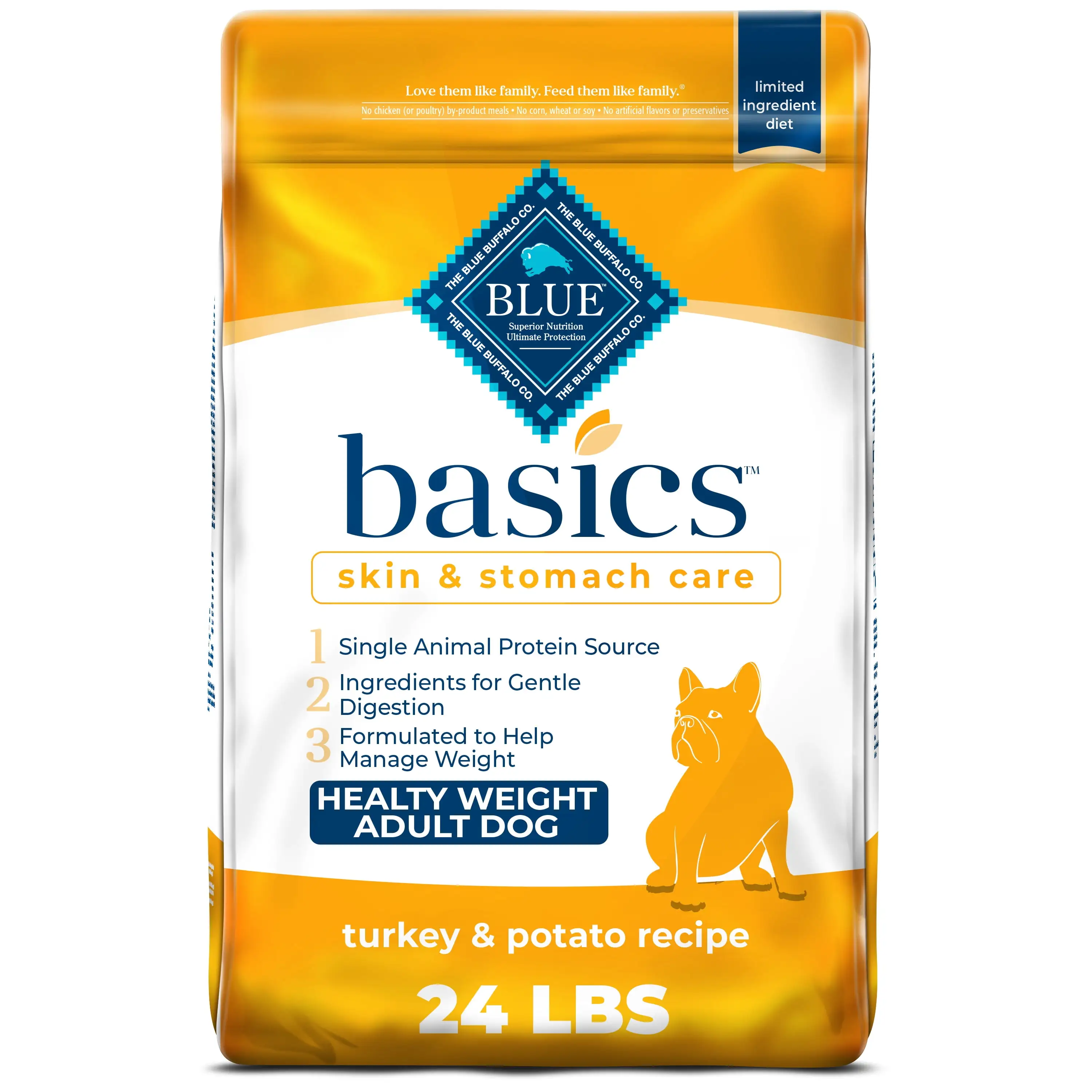 Blue Buffalo Basics Skin & Stomach Care Healthy Weight Turkey and Potato Dry Dog Food for Adult Dogs. Whole Grain. 24 lb. Bag