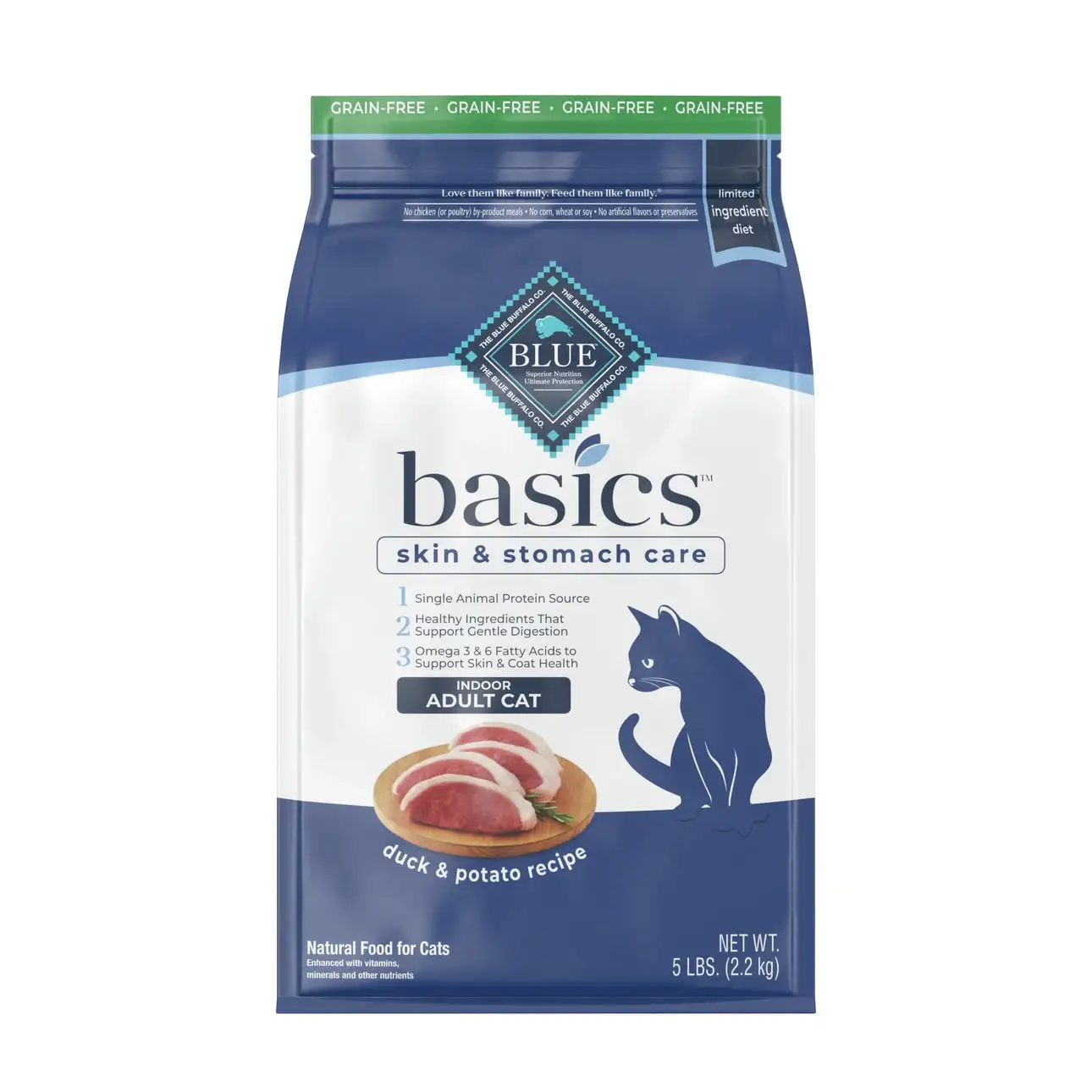 Blue Buffalo Basics Skin & Stomach Care Indoor Duck and Potato Dry Cat Food for Adult Cats. Grain-Free. 5 lb. Bag