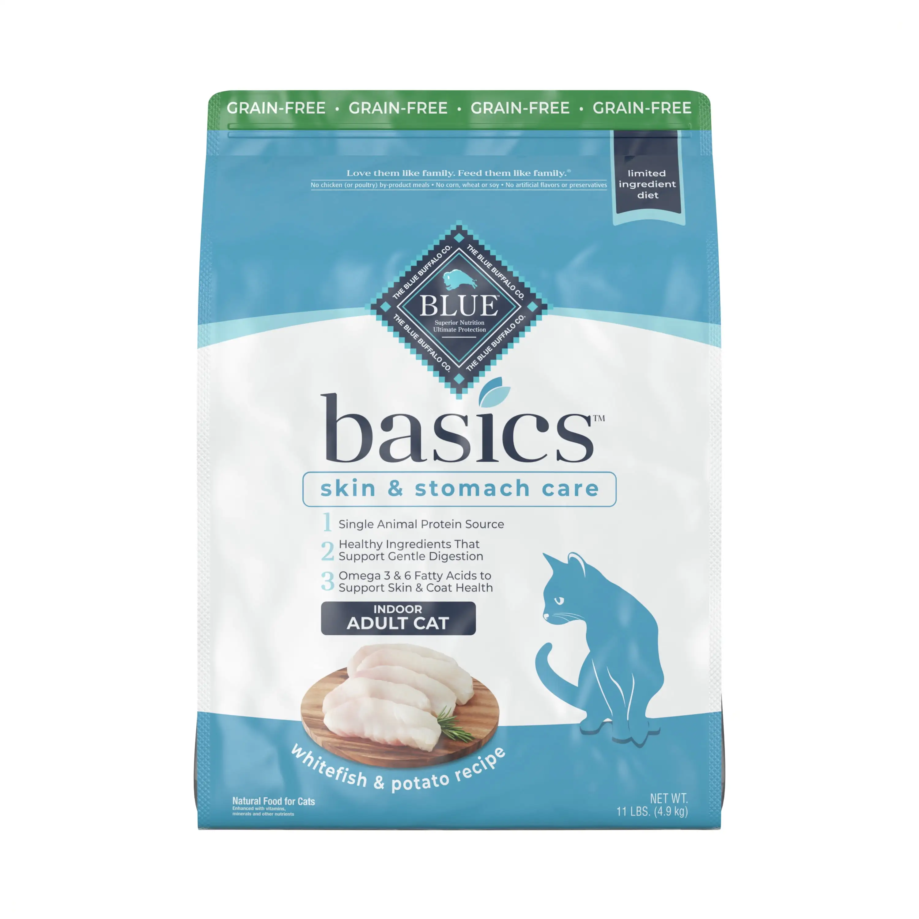 Blue Buffalo Basics Skin & Stomach Care Indoor Fish and Potato Dry Cat Food for Adult Cats. Grain-Free. 11 lb. Bag