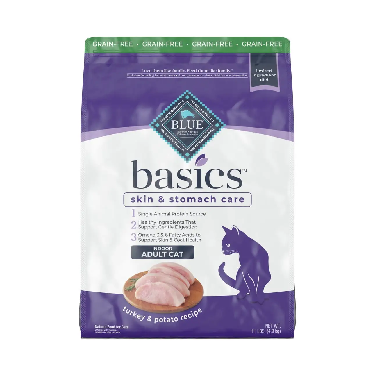 Blue Buffalo Basics Skin & Stomach Care Indoor Turkey and Potato Dry Cat Food for Adult Cats. Grain-Free. 11 lb. Bag