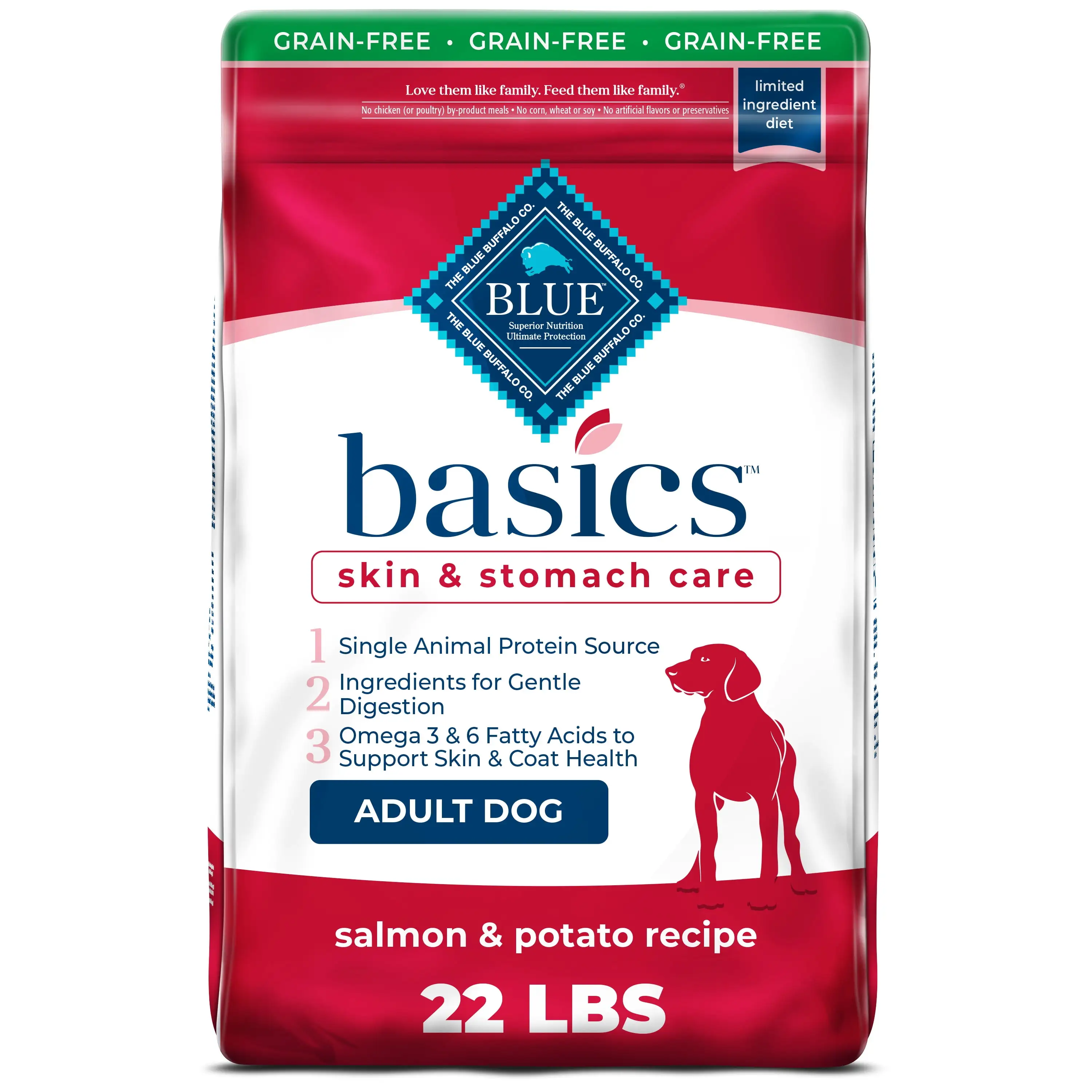 Blue Buffalo Basics Skin & Stomach Care Salmon and Potato Dry Dog Food for Adult Dogs. Grain-Free. 22 lb. Bag