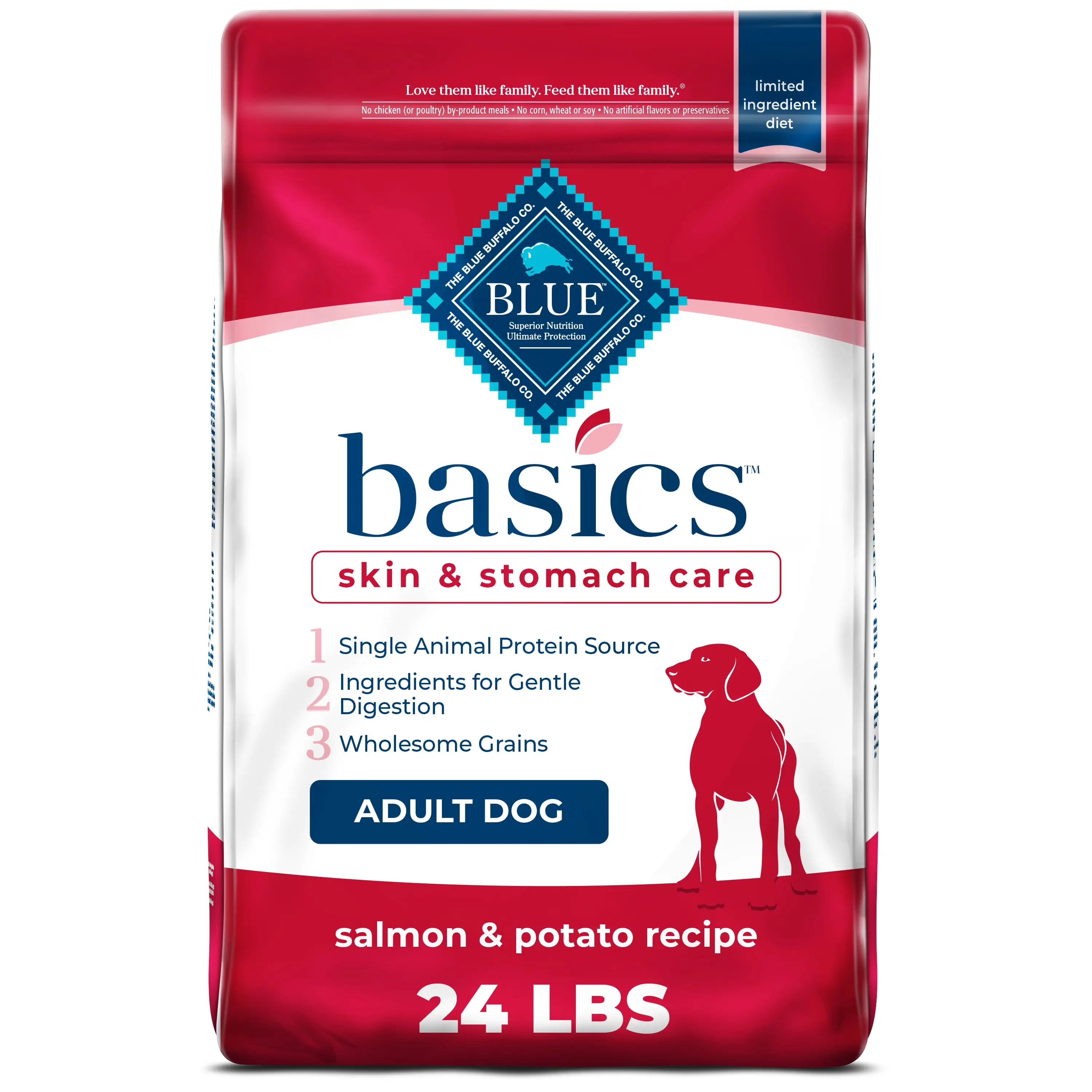 Blue Buffalo Basics Skin & Stomach Care Salmon and Potato Dry Dog Food for Adult Dogs. Whole Grain. 24 lb. Bag