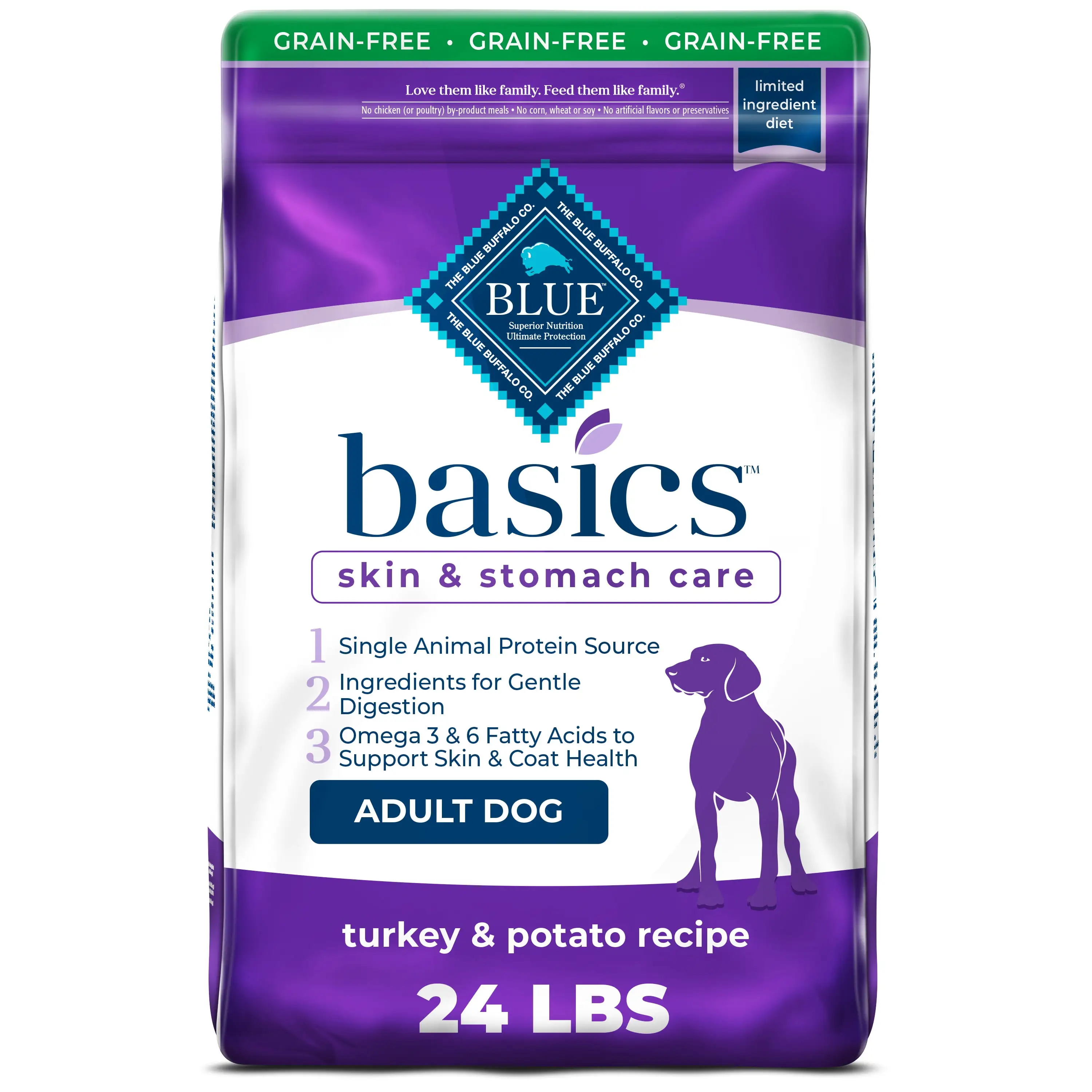 Blue Buffalo Basics Skin & Stomach Care Turkey and Potato Dry Dog Food for Adult Dogs. Grain-Free. 24 lb. Bag