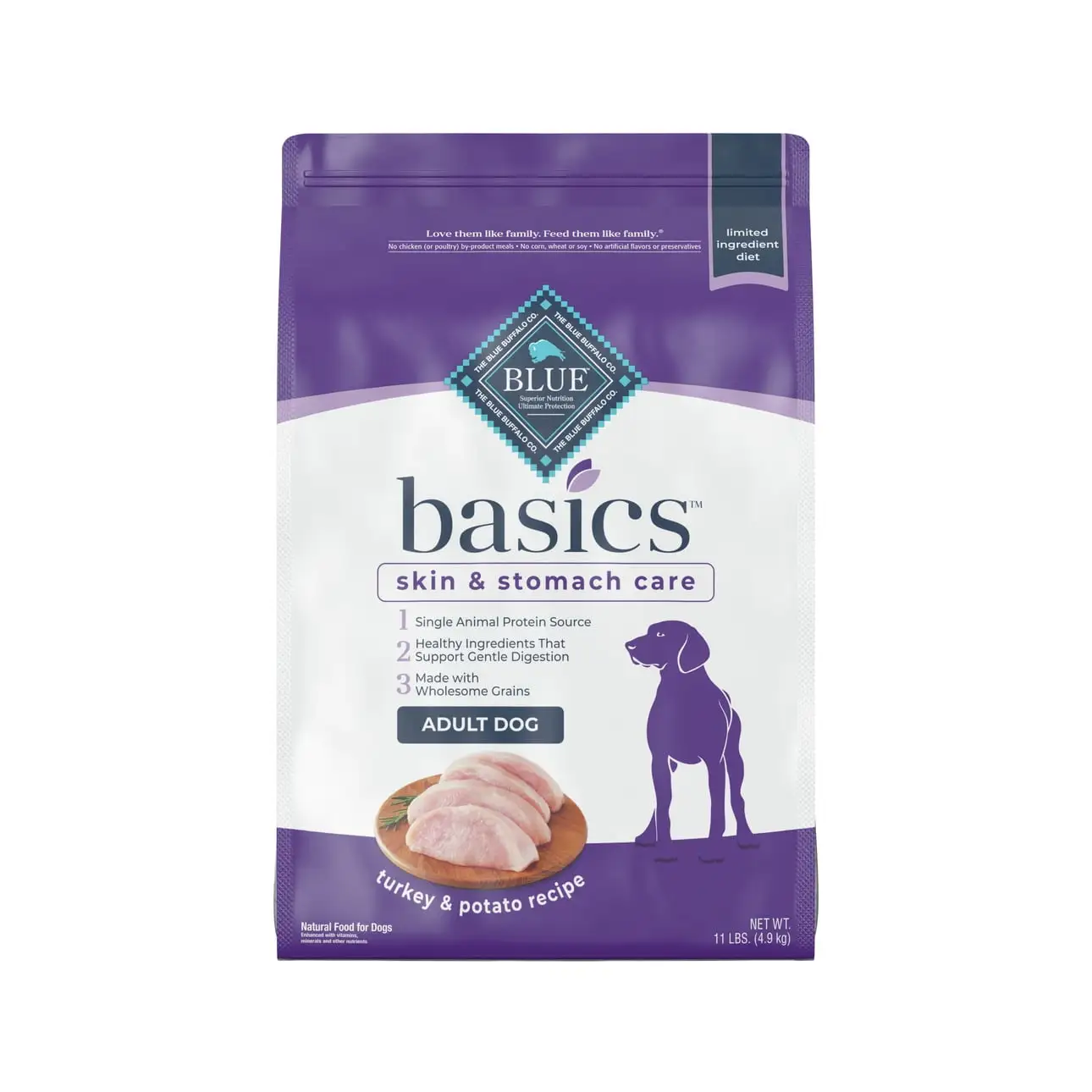 Blue Buffalo Basics Skin & Stomach Care Turkey and Potato Dry Dog Food for Adult Dogs. Whole Grain. 11 lb. Bag