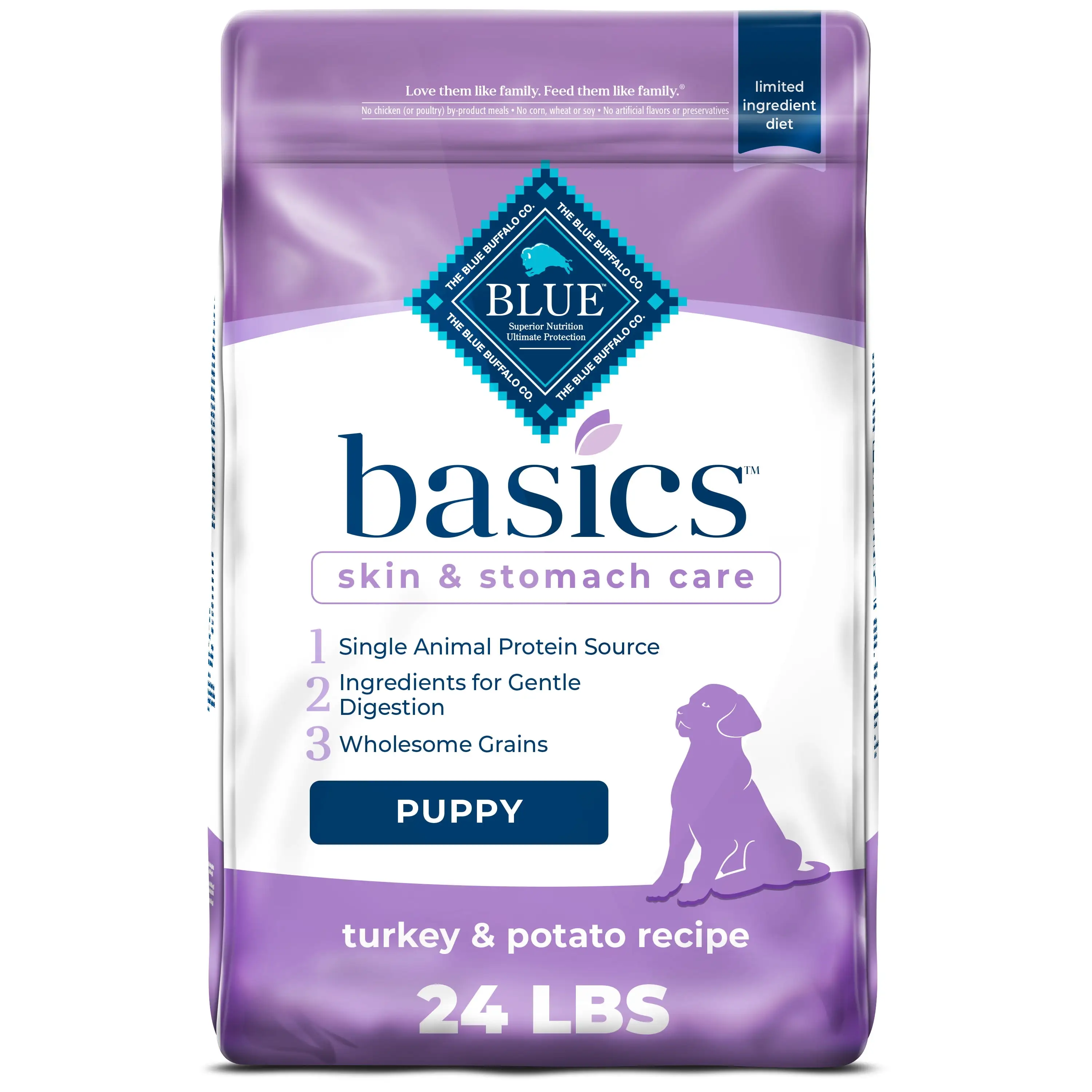 Blue Buffalo Basics Skin & Stomach Care Turkey and Potato Dry Dog Food for Puppies. Whole Grain. 24 lb. Bag