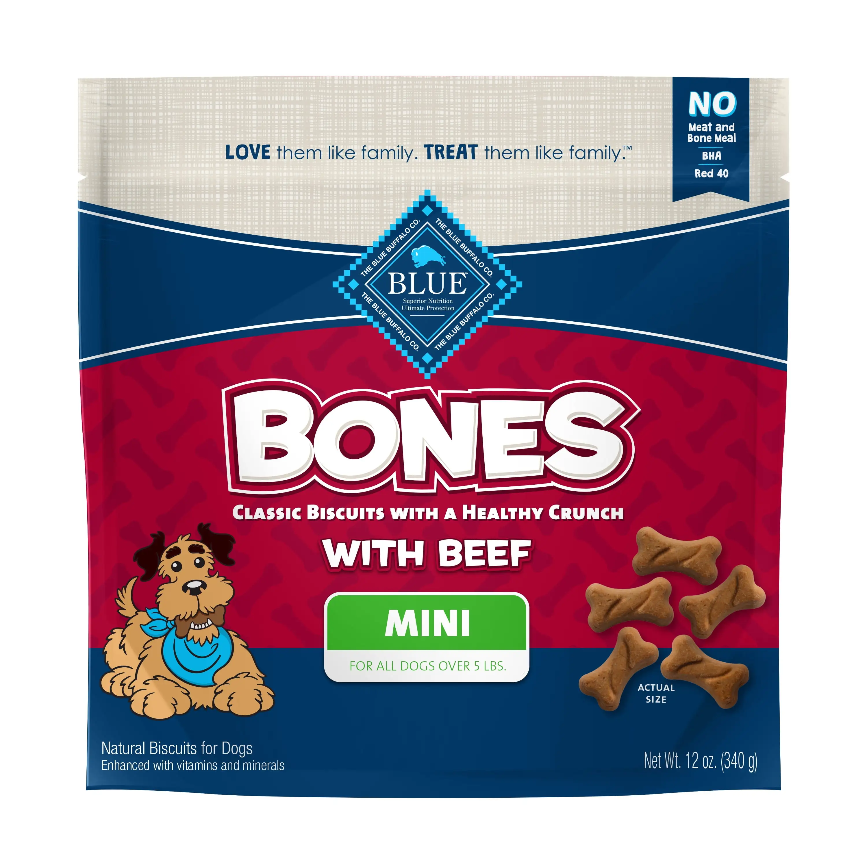 Blue Buffalo Bones Mini Beef Flavor Crunchy Biscuit Treats for Dogs. Whole Grain. 12 oz. Bag