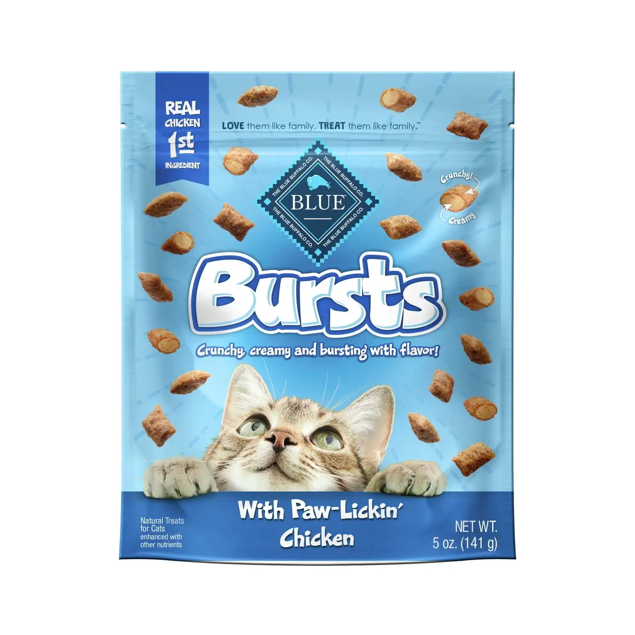 Blue Buffalo Bursts Chicken Flavor Crunchy Treats for Cats. Whole Grain. 5 oz. Bag