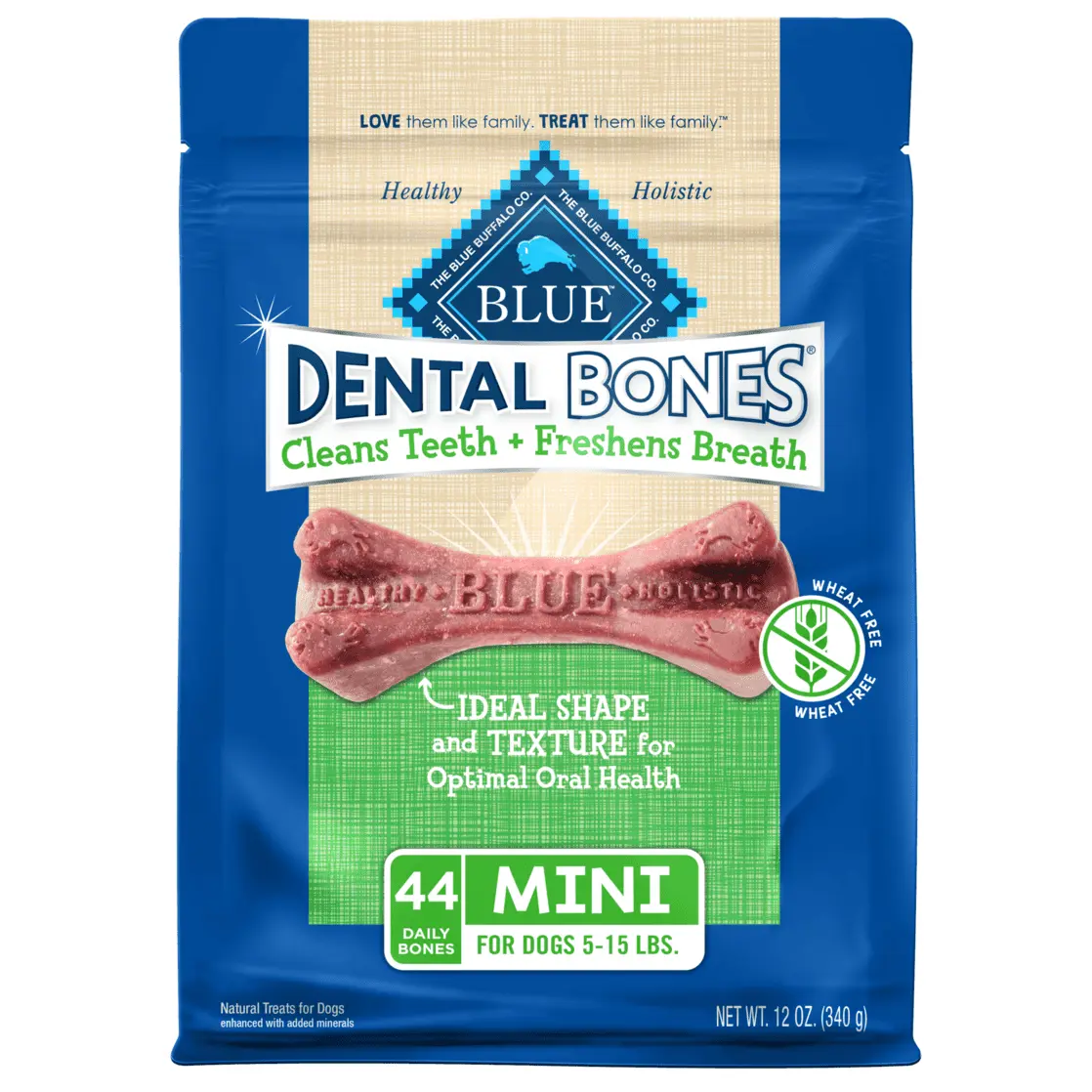 Blue Buffalo Dental Bones Mini (5-15 lbs) Dental Treats for Adult Dogs. Whole Grain. 12 oz. Bag