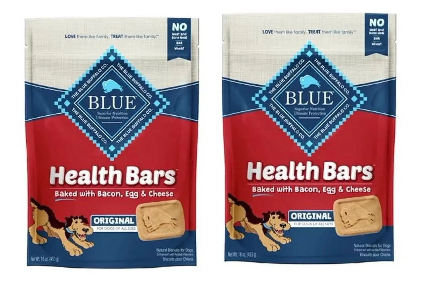 Blue Buffalo Health Bars Bacon. Egg & Cheese Flavor Crunchy Biscuit Treats for Dogs. Whole Grain. 16 OZ. Bag ( 2 PACK )