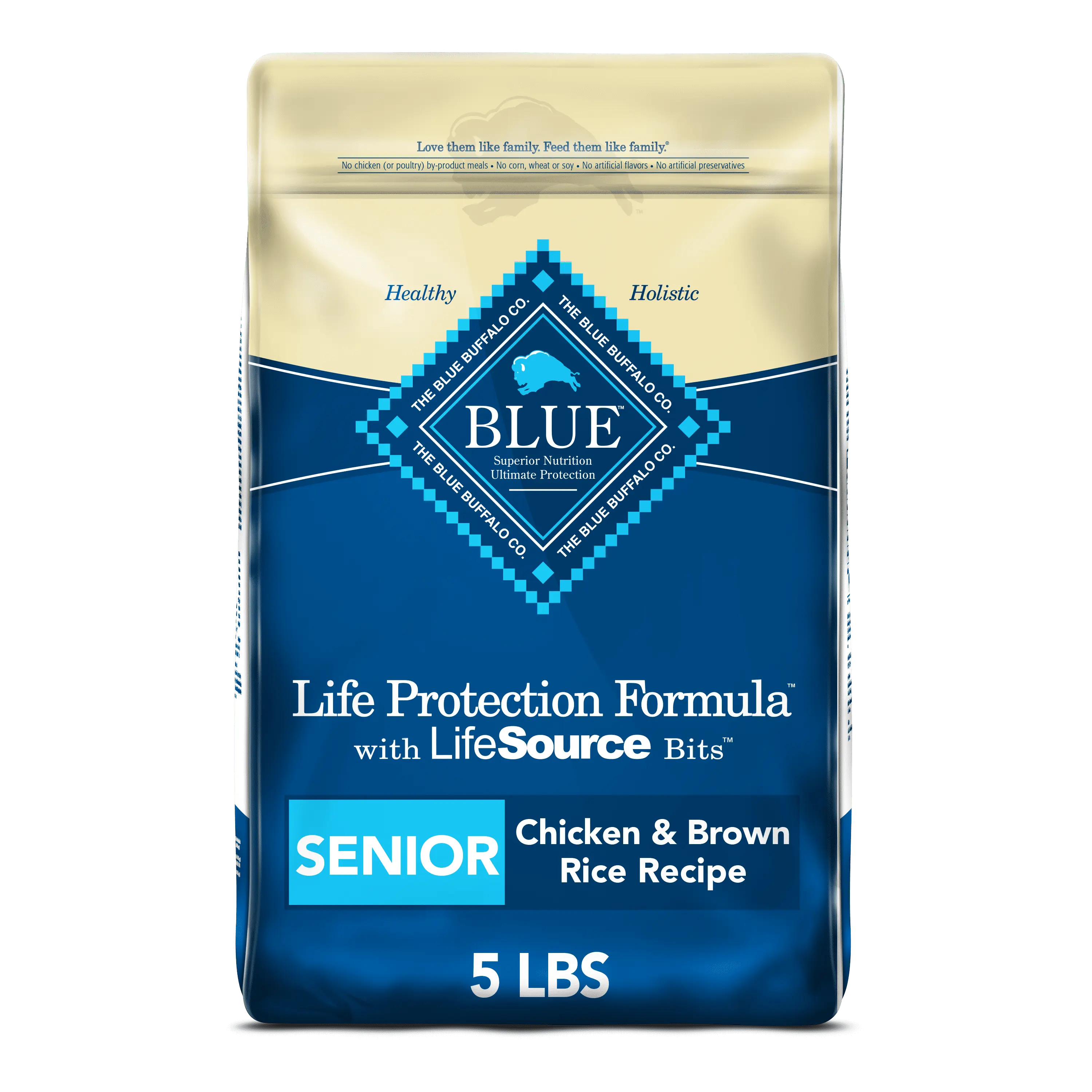 Blue Buffalo Life Protection Formula Chicken and Brown Rice Dry Dog Food for Senior Dogs. Whole Grain. 5 lb. Bag