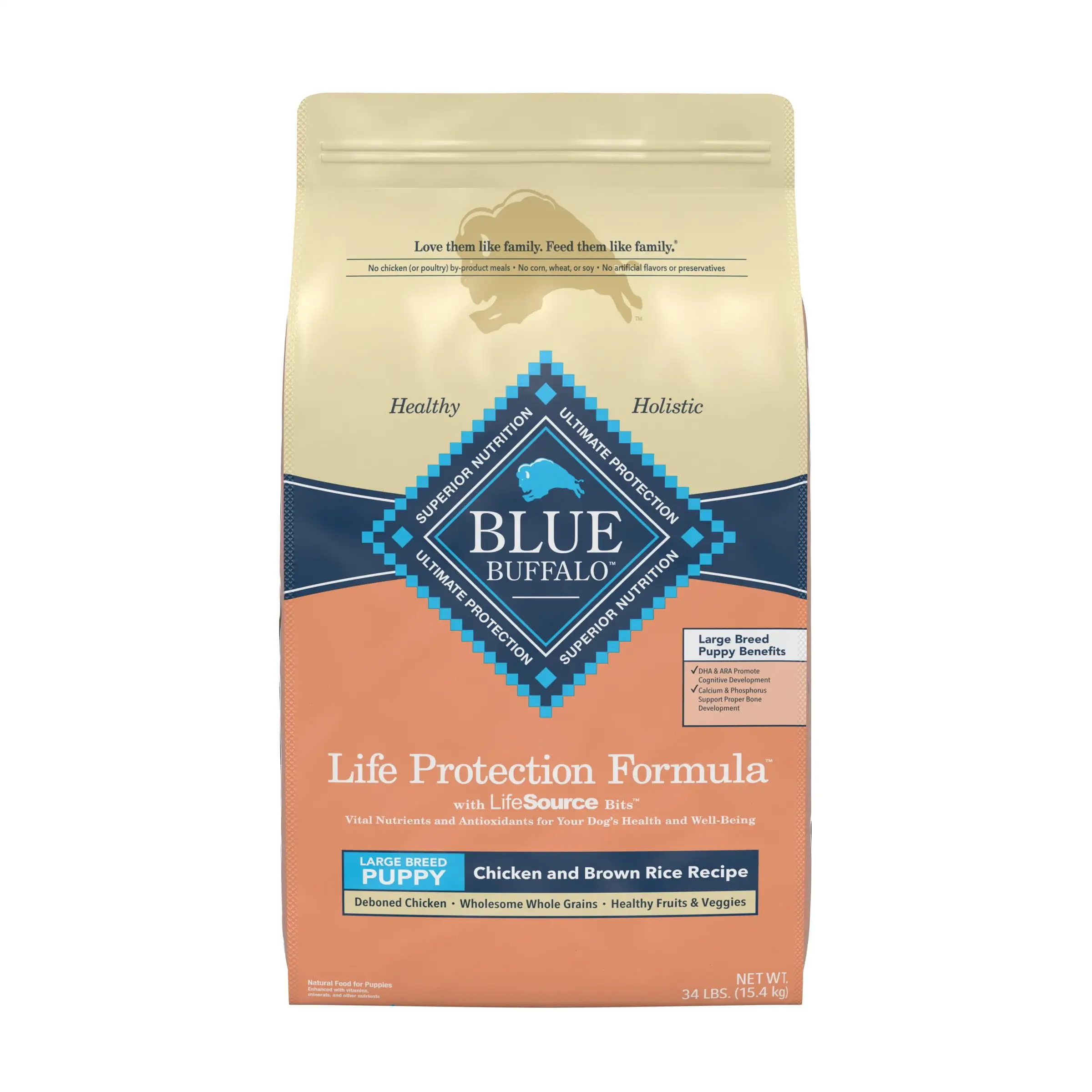 Blue Buffalo Life Protection Formula Chicken and Brown Rice Large Breed Dry Dog Food for Puppies. Whole Grain. 34 lb. Bag