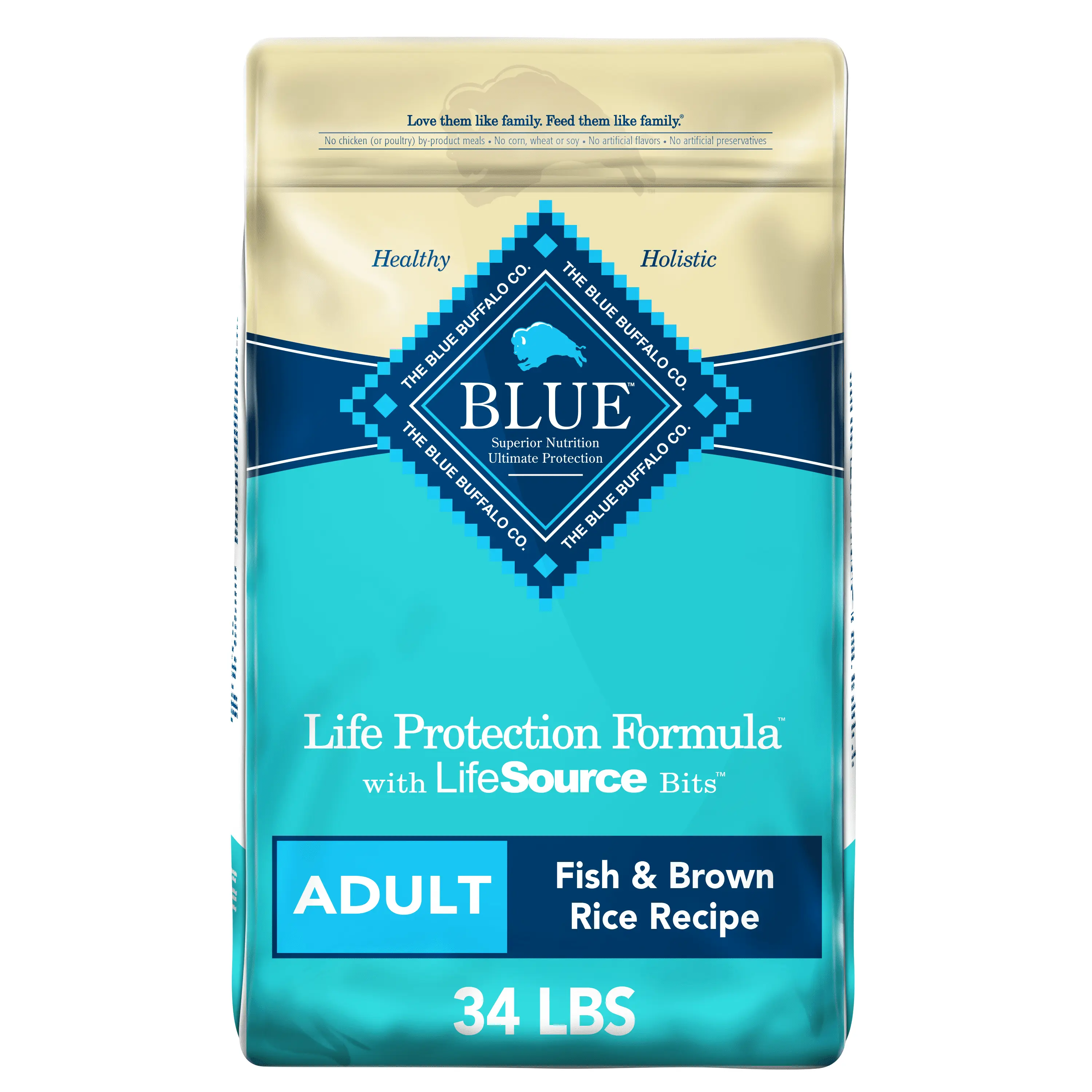 Blue Buffalo Life Protection Formula Fish and Brown Rice Dry Dog Food for Adult Dogs. Whole Grain. 34 lb. Bag