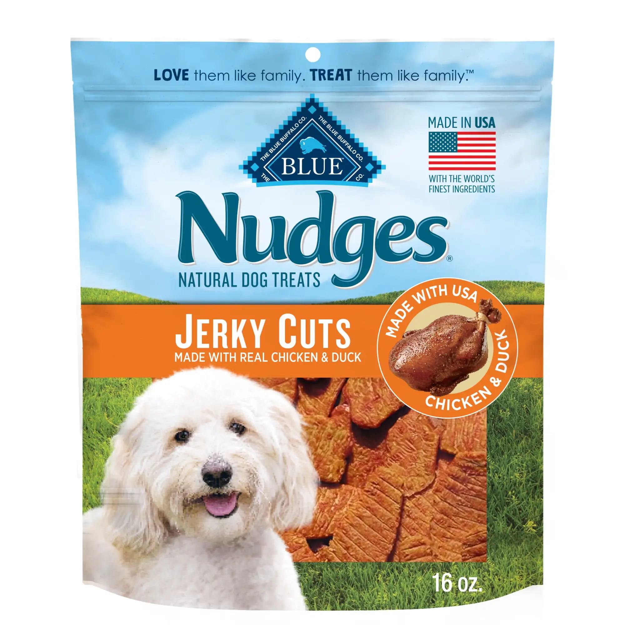 Blue Buffalo Nudges Jerky Cuts Dog Treats Made with Real Chicken & Duck. 16-oz. Bag