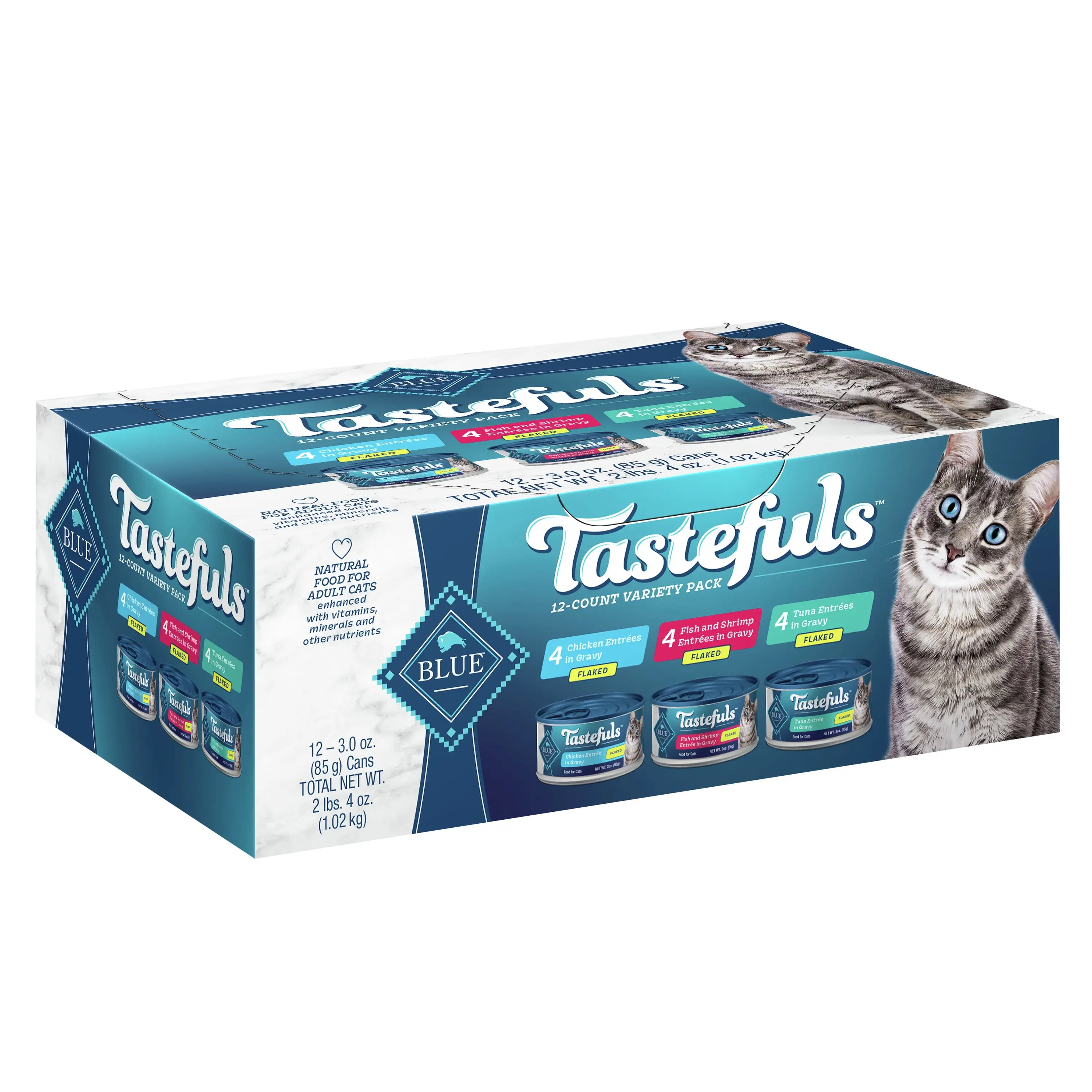 Blue Buffalo Tastefuls Natural Flaked Wet Cat Food Variety Pack. Tuna. Chicken. Fish & Shrimp Entr??es in Gravy 3-oz Cans (12 Count - 4 of Each Flavor)