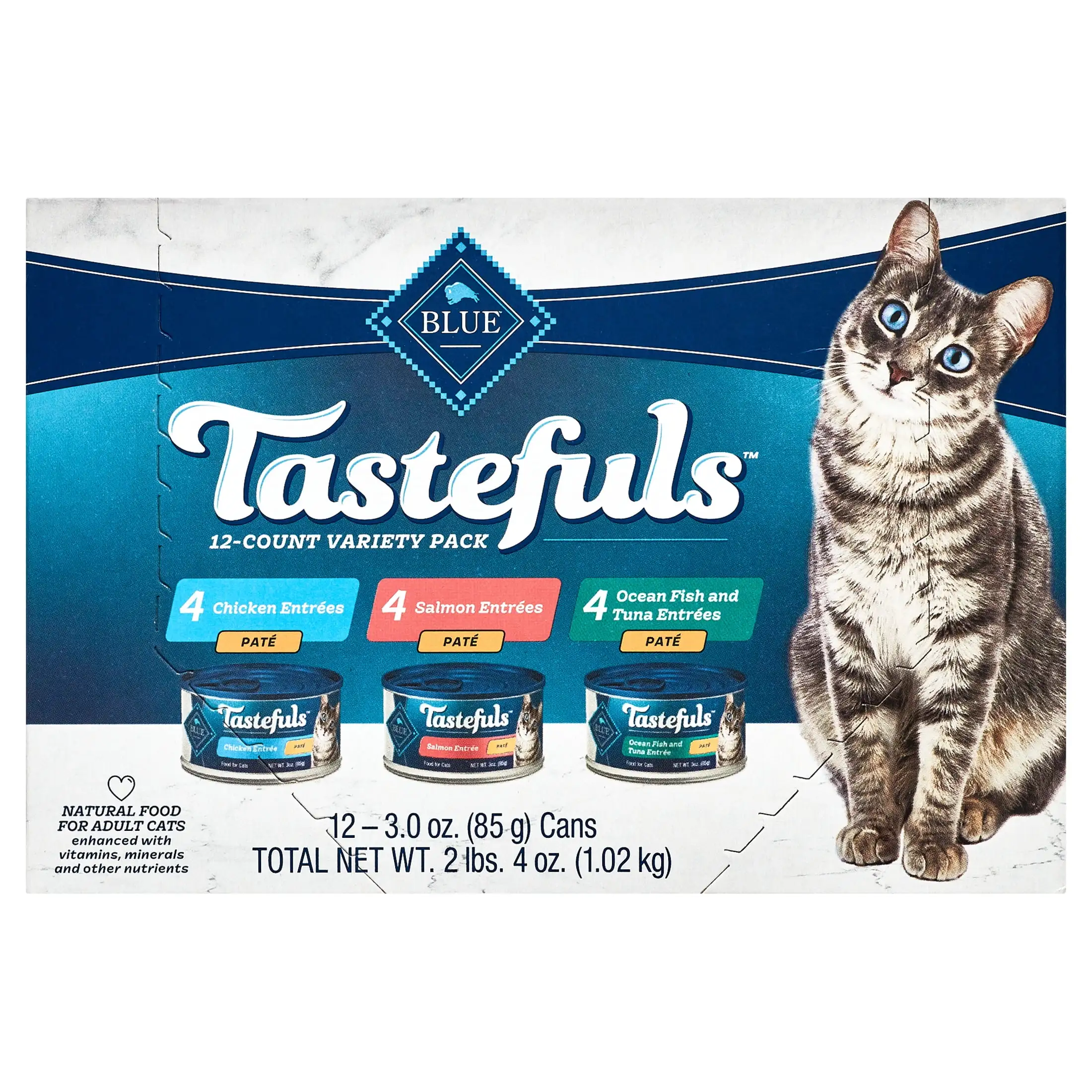 Blue Buffalo Tastefuls Natural Pate Wet Cat Food Variety Pack. Salmon. Chicken. Ocean Fish & Tuna Entr??es 3-oz Cans (12 Count - 4 of Each Flavor)