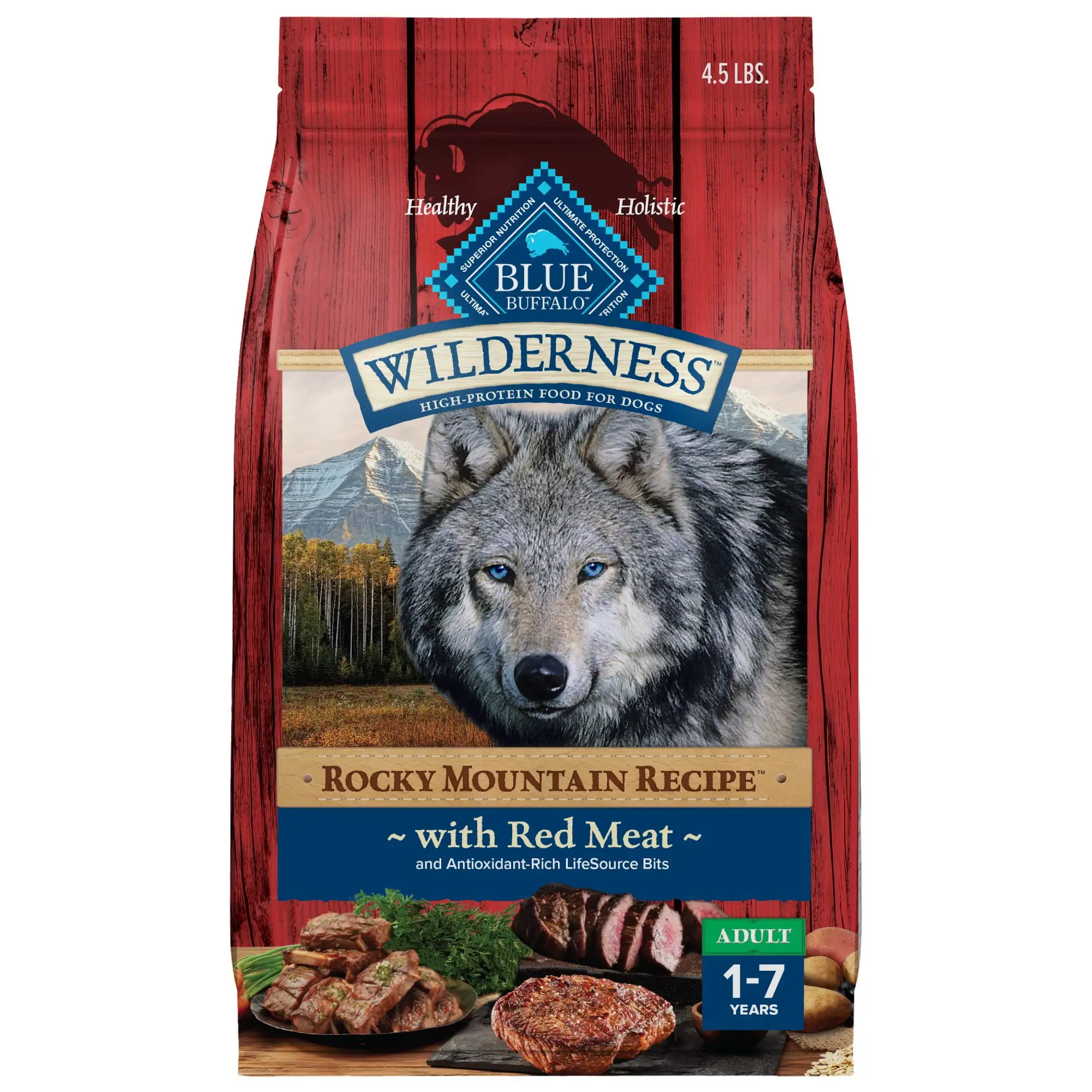 Blue Buffalo Wilderness Adult Dry Dog Food. Rocky Mountain Recipe. Red Meat. 4.5 lb. Bag