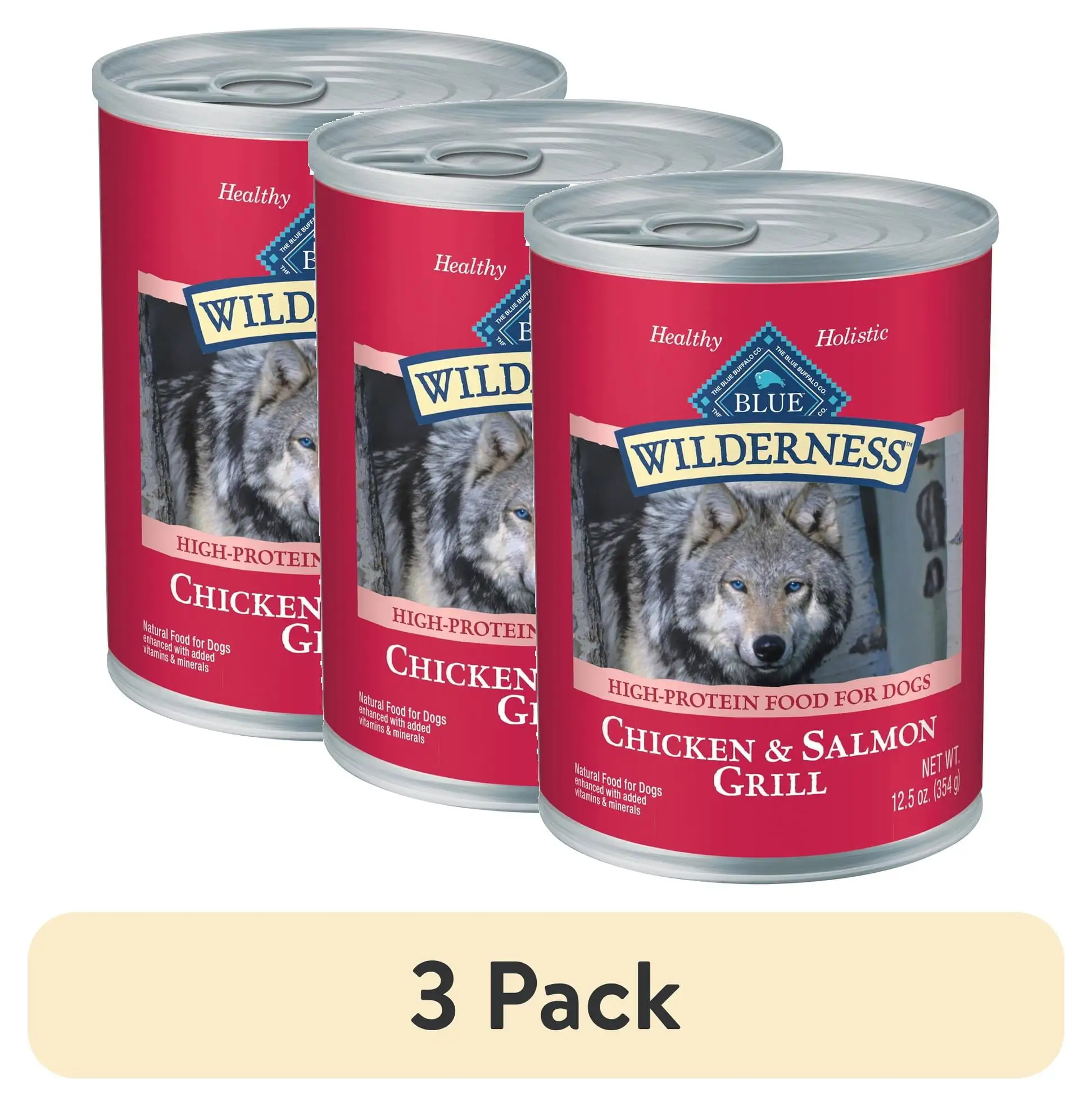 (3 pack) Blue Buffalo Wilderness High Protein. Natural Adult Wet Dog Food. Salmon & Chicken Grill 12.5-oz Can