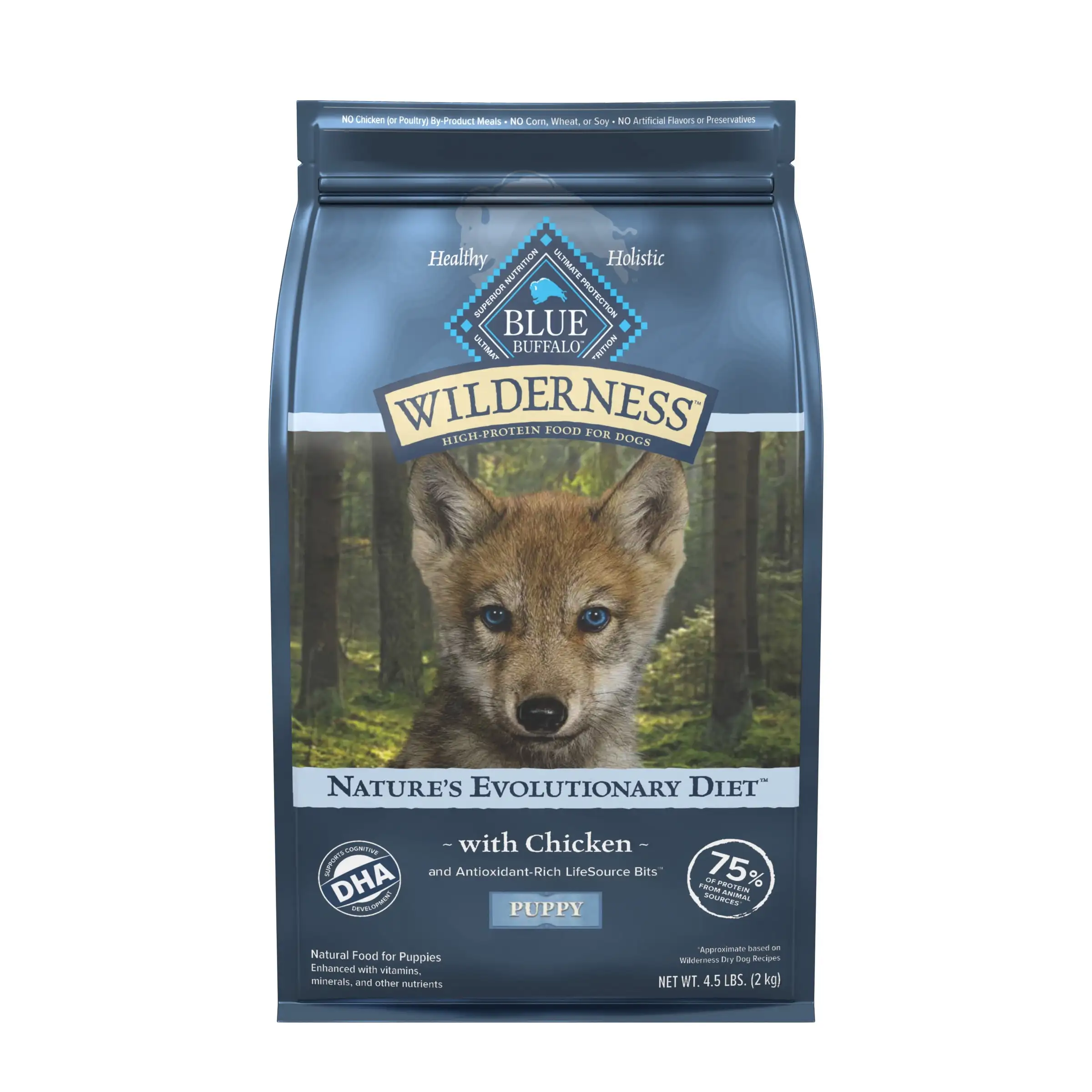 Blue Buffalo Wilderness High Protein Natural Puppy Dry Dog Food plus Wholesome Grains. Chicken 4.5 lb bag