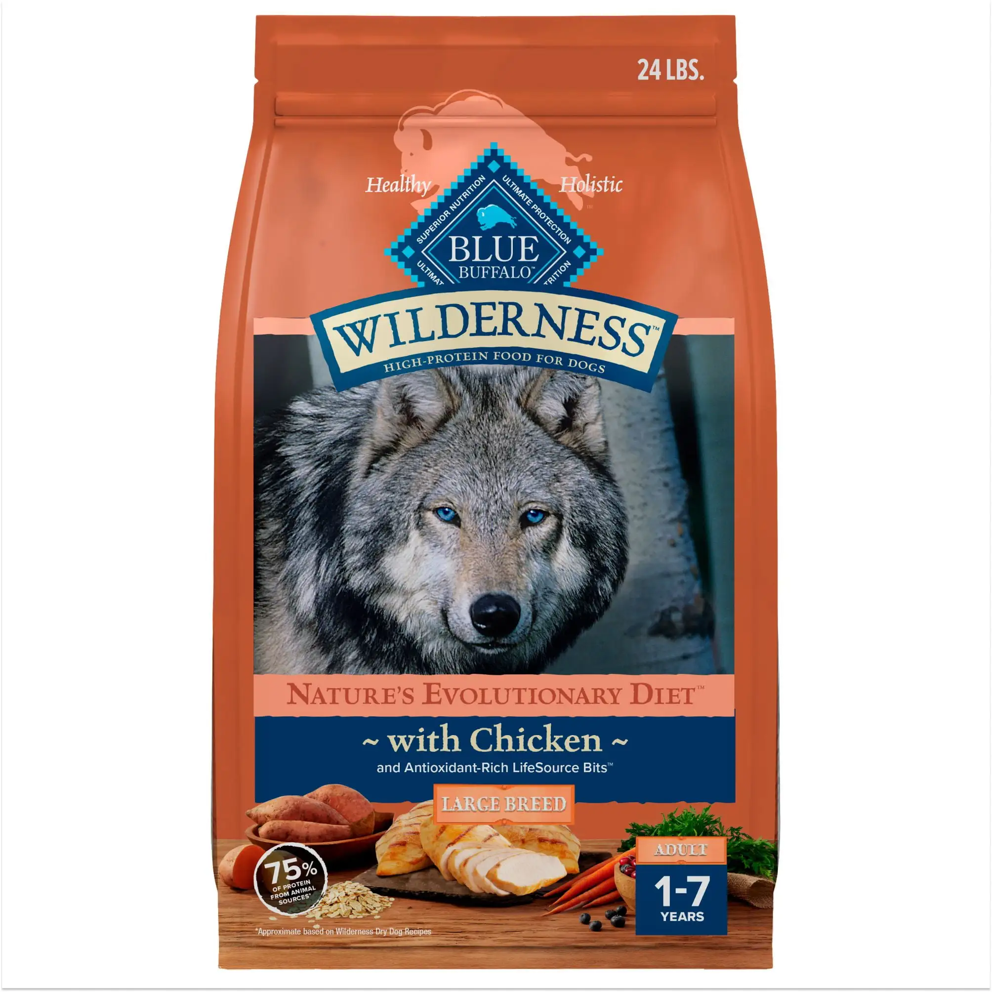 Blue Buffalo Wilderness Large Breed Dry Dog Food Plus Wholesome Grains. Chicken. 24 lb. Bag