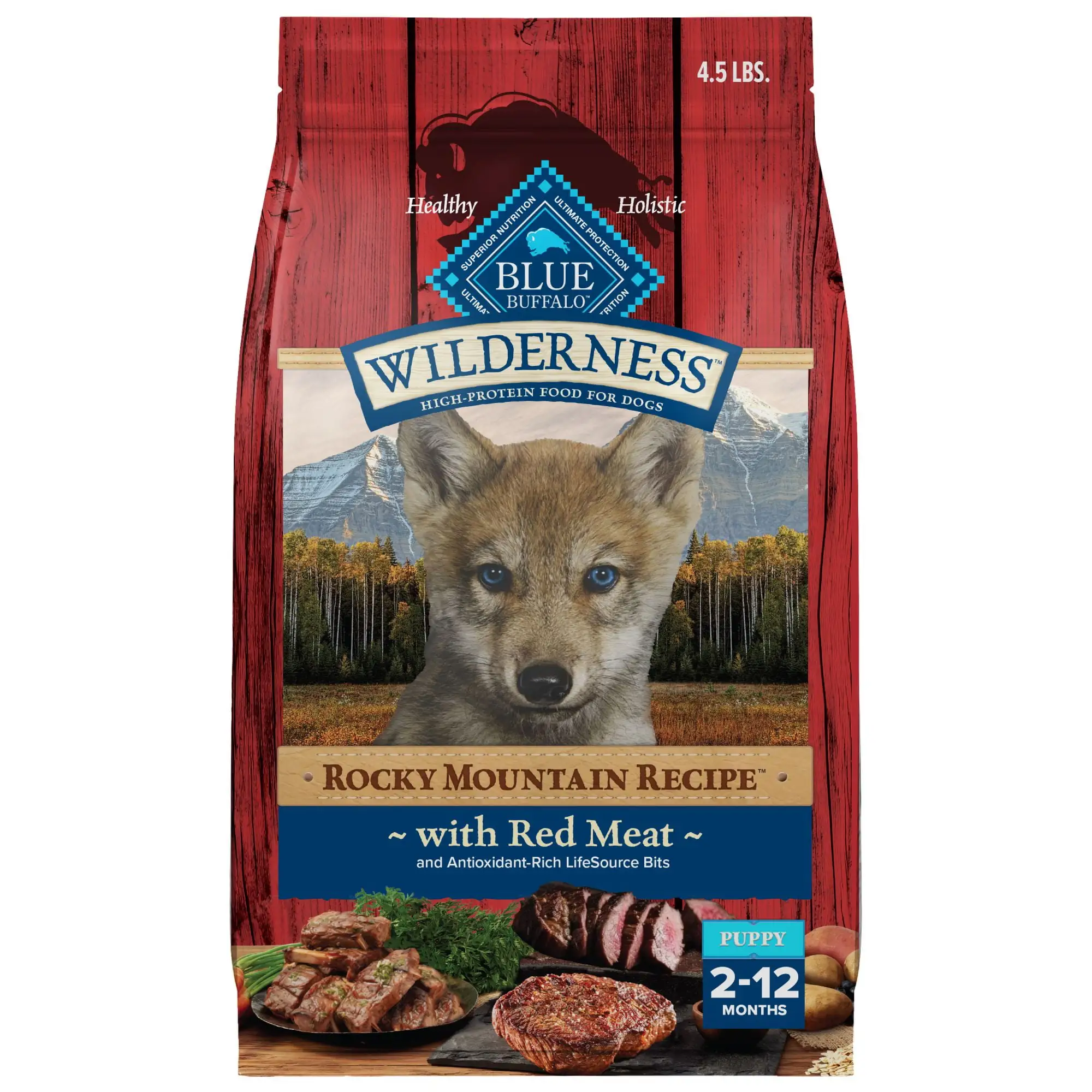 Blue Buffalo Wilderness Natural Dry Puppy Food. Red Meat & Whole Grains. 4.5 lb. Bag