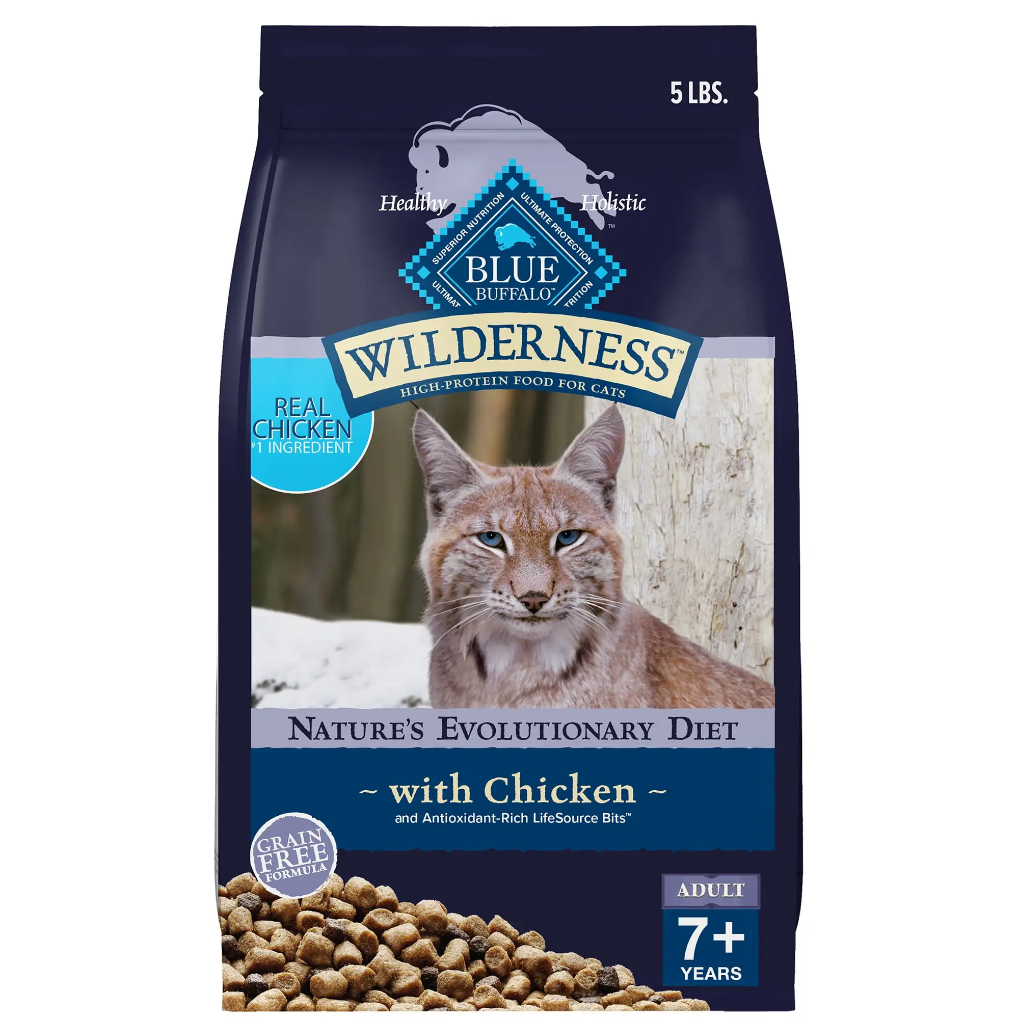 Blue Buffalo Wilderness Natural Mature Dry Cat Food. High-Protein. Chicken. 5-lb. Bag