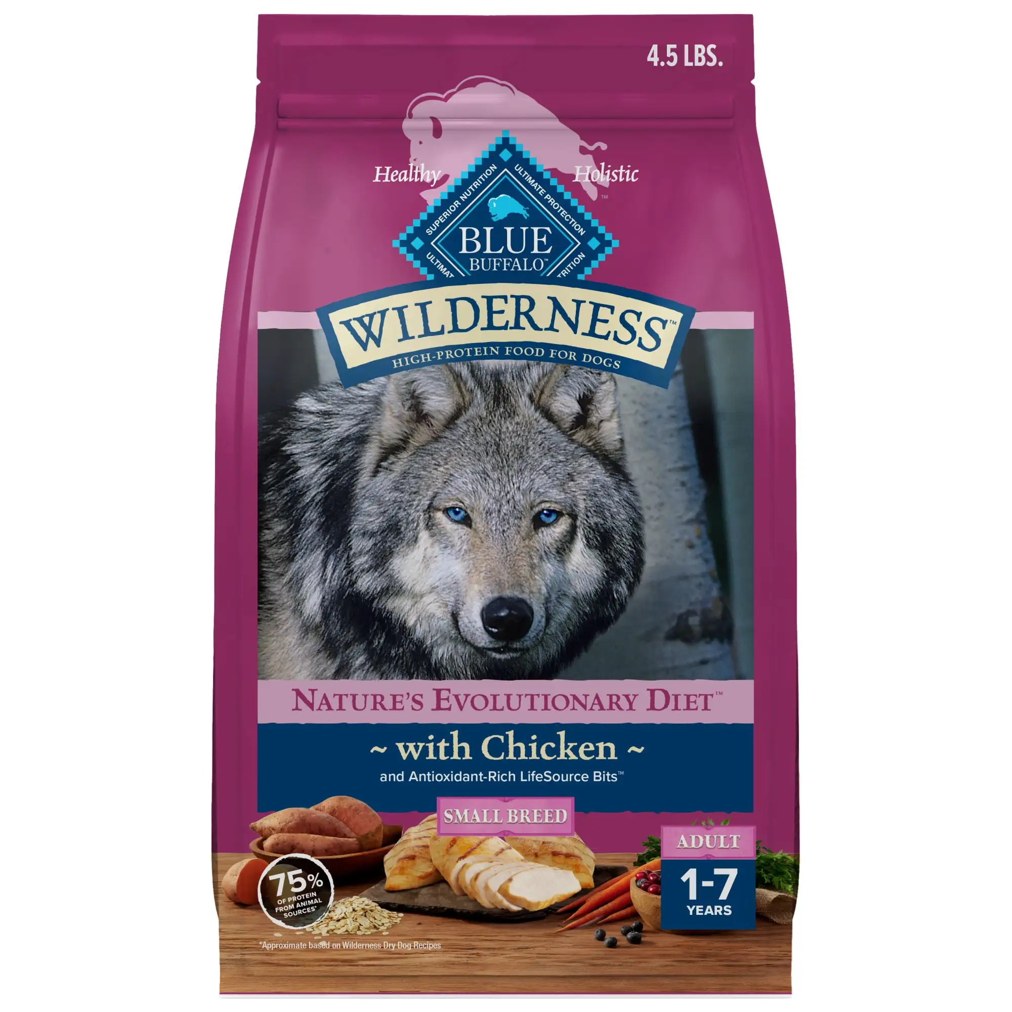 Blue Buffalo Wilderness Small Breed Dry Dog Food Plus Wholesome Grains. Chicken. 4.5-lb. Bag