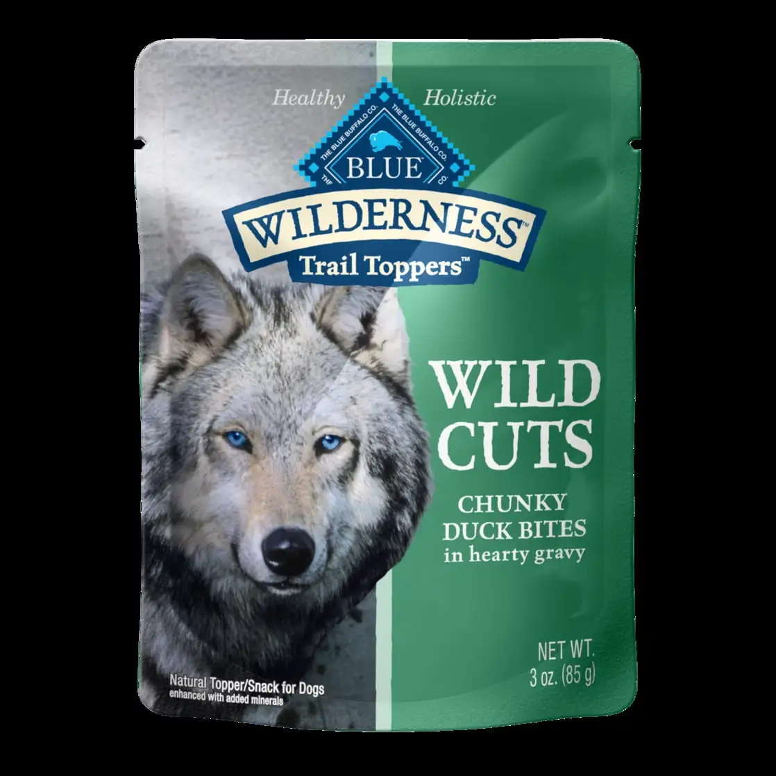 Blue Buffalo Wilderness Trail Toppers Wild Cuts High Protein Chunky Duck Bites In Gravy Wet Dog Food. Grain-Free. 3 oz. Pouch