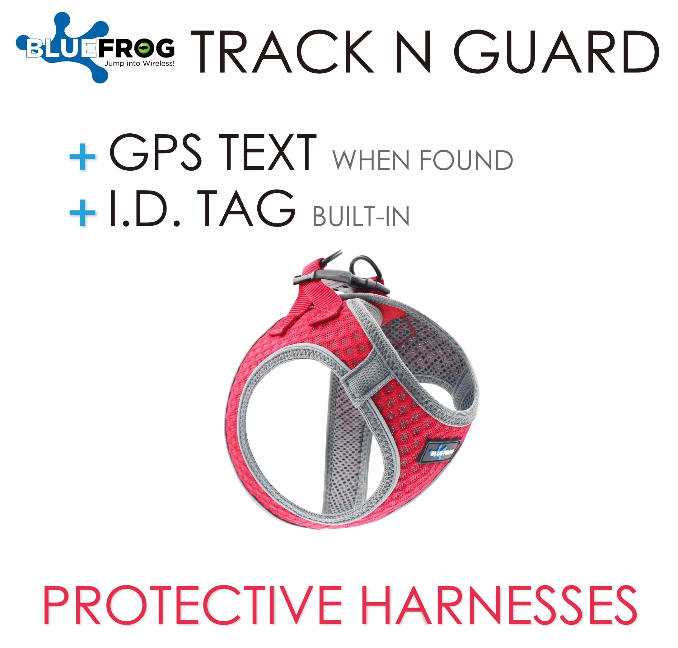 Blue Frog 1X Track N Guard GPS Message Ready & Built-In I.D. Tag Dog Harness (Fashionable Air Mesh. Reflective Piping & Fleece Trim Design). Red. Large