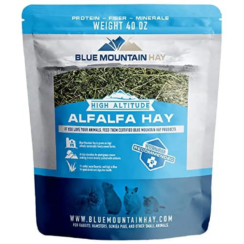 Blue Mountain Hay | 15 oz. Fresh Alfalfa Hay | Available in 15 oz. & 40 oz. Pouches | Nutritious. Delicious Meal Or Snack for Rabbits. Guinea Pigs. Hamsters. Gerbils. Rats. and Other Small Pets