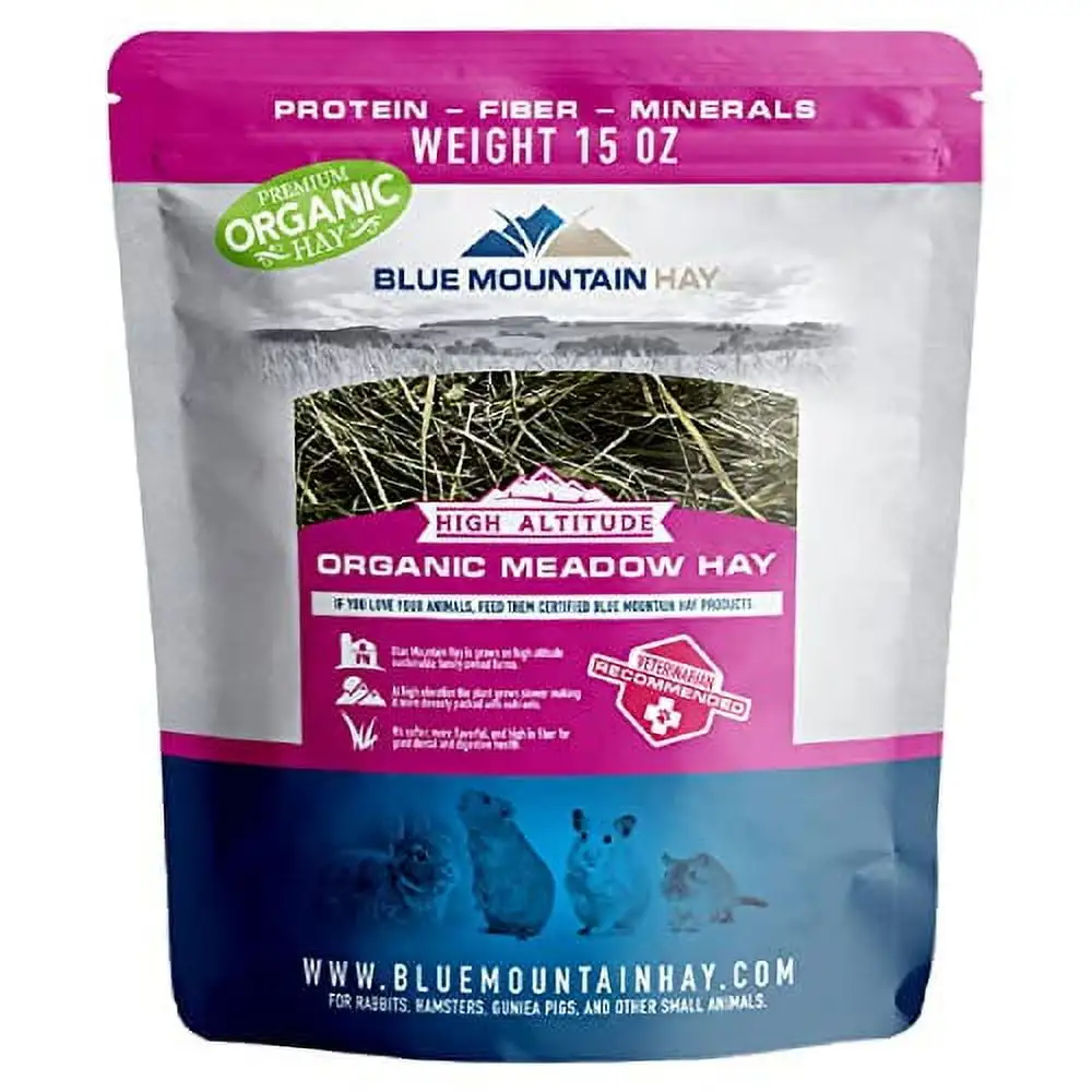 Blue Mountain Hay | 15 oz. Fresh Organic Meadow Hay | Available in 15 oz. & 40 oz. Pouches | Nutritious. Delicious Meal Or Snack for Rabbits. Guinea Pigs. Hamsters. Gerbils. and Other Small Pets