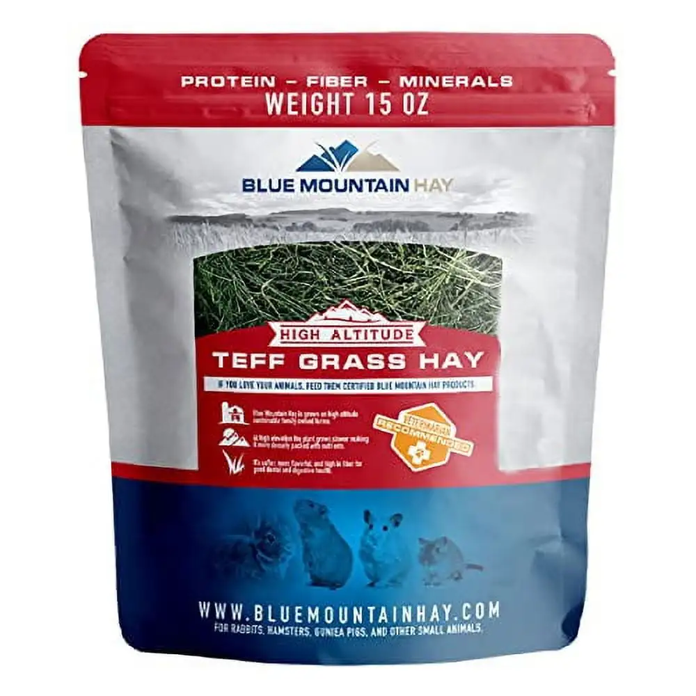 Blue Mountain Hay | 15 oz. Fresh Teff Grass Hay | Available in 15 oz. & 40 oz. Pouches | Nutritious. Delicious Meal Or Snack for Rabbits. Guinea Pigs. Hamsters. Gerbils. and Other Small Pets