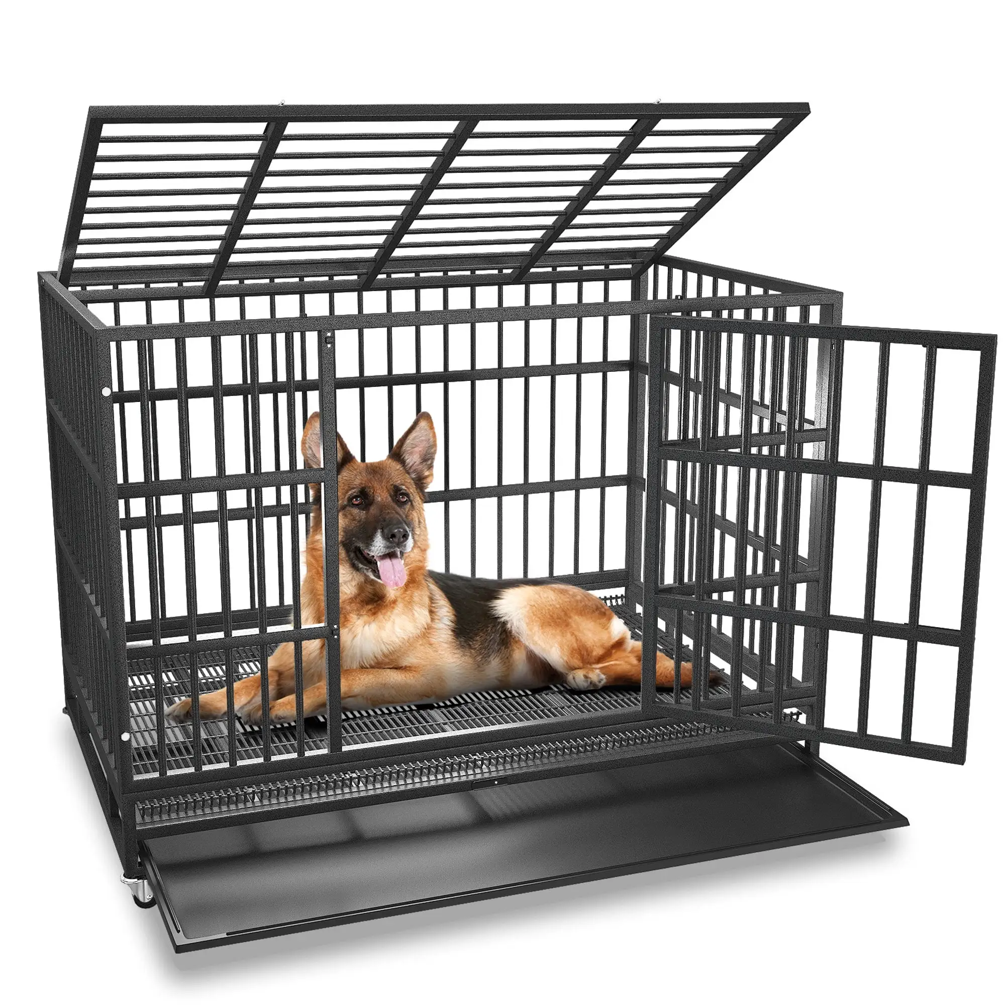 Boldbone 48/38 inch Heavy Duty Indestructible Dog Crate Cage Kennel for Large Dogs. High Anxiety Dog Crate with Removable Crate Trays. Wheels and Double Door. Extra Large XL XXL Escape Proof Dog Crate