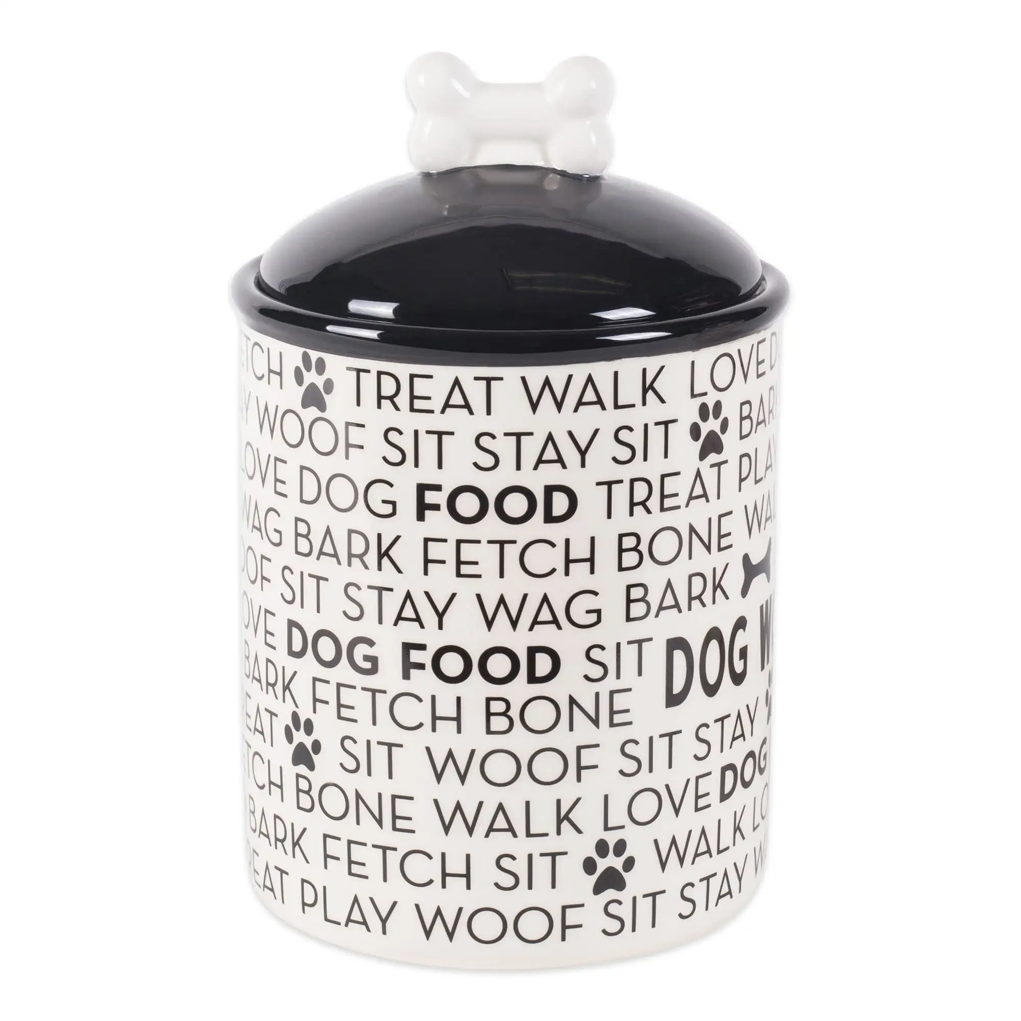 Bone Dry Black & White Dog Bone Ceramic Canister. 5.5x5.5x8.25. Black