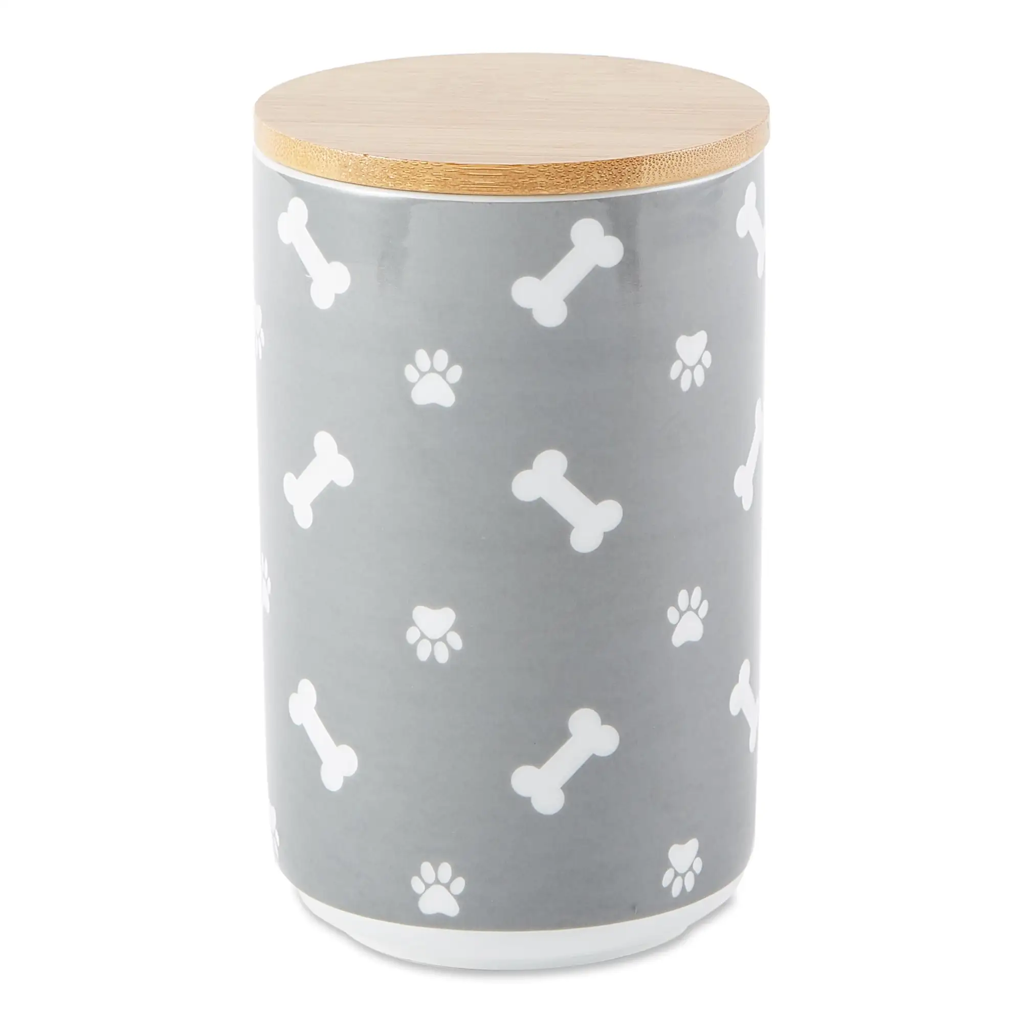 Bone Dry Ceramic Canister Jar for Pet Treats. Dishwasher Safe. 4x6.5. Gray Paw & Bone