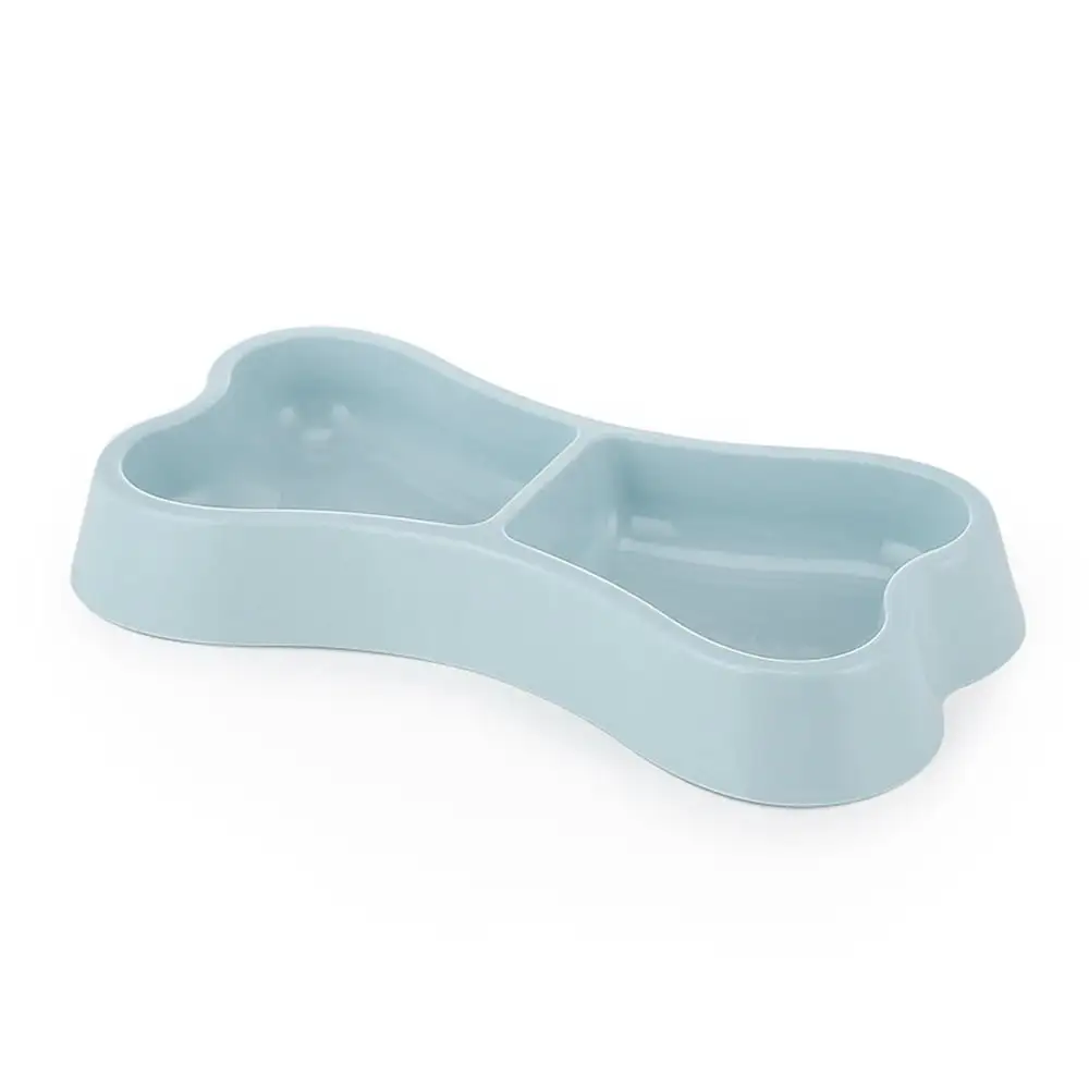 Bone Shape Pet Dog Double Bowls. Portable pet Water Food Feeder. Plastic Skid-Proof Pet Feeding Bowl - blue