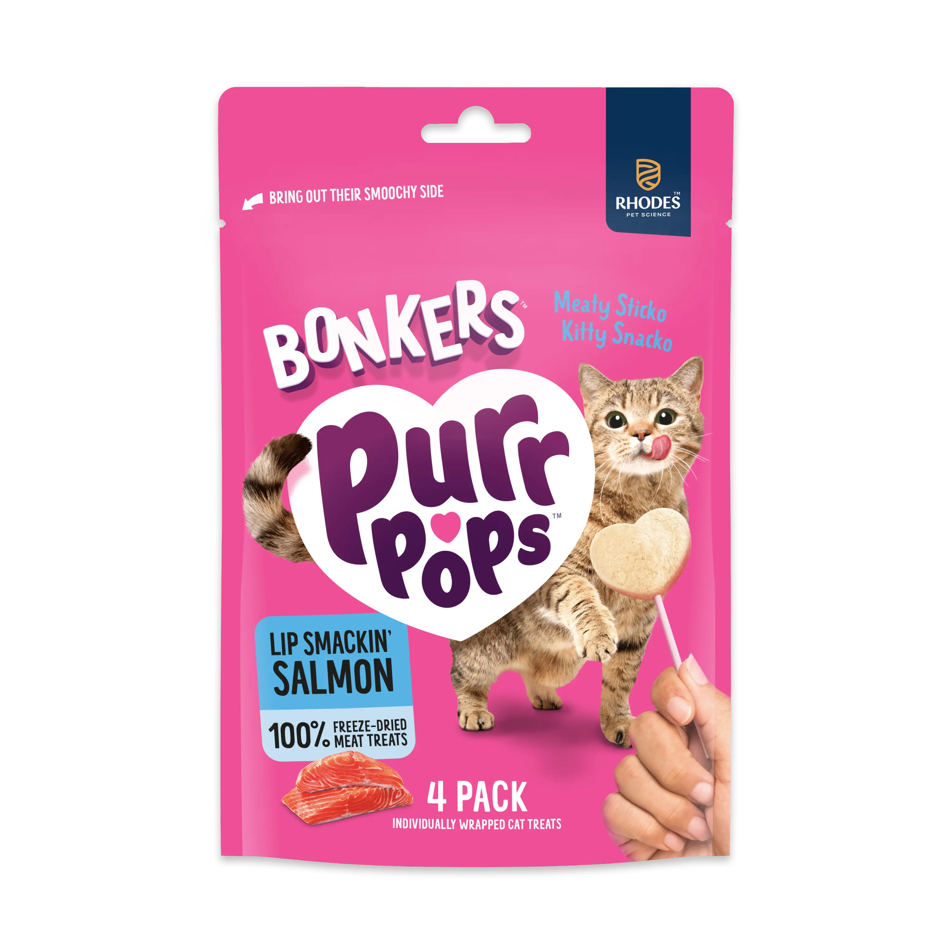 Bonkers Purrpops Lollipop Cat Treats Lip Smackin' Salmon Flavor 4 Pack