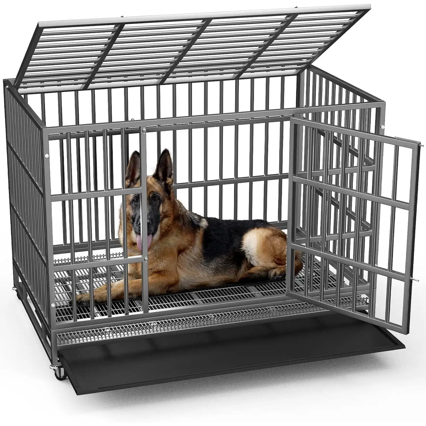 Bossin 48/38 inch Heavy Duty Indestructible Dog Crate. Escape Proof Dog Cage Kennel with Lockable Wheels 48inch - Silver