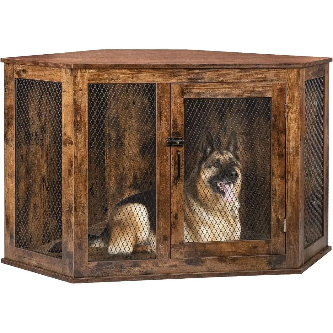 Bossin Corner Dog Crate Furniture.44/52 inch Wooden Dog Kennel Furniture with Mesh.Decorative Wood Dog House for Indoor use brown - 52inch