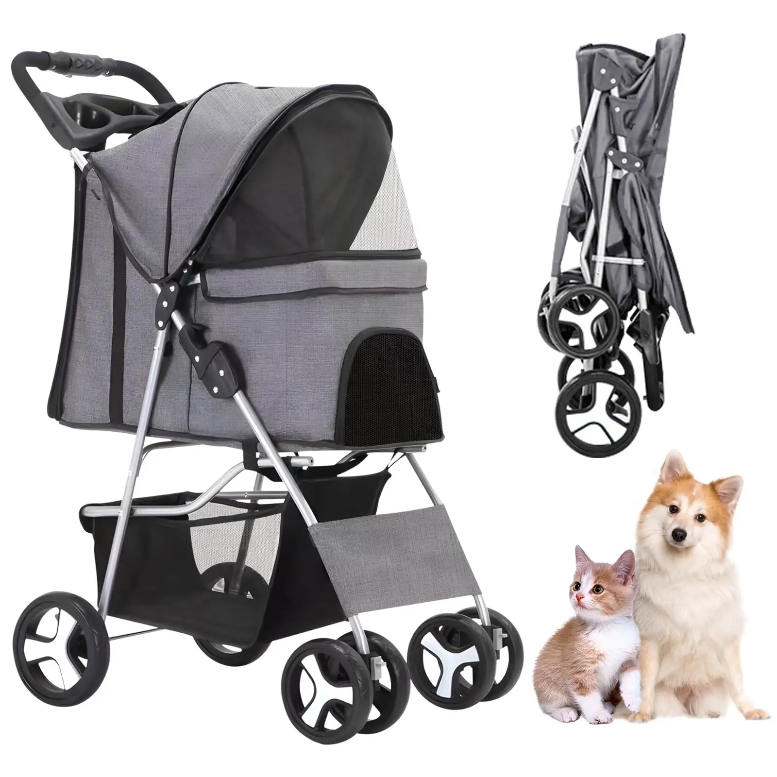 Breadeep 4 Wheel Pet Dog Stroller. Foldable Carrier for Dogs Cats. Detachable Baby Stroller Dog Pull Cart Double Layer Lightweight Shock Absorption Waterproof with Storage Basket and Cup Holder. Gray