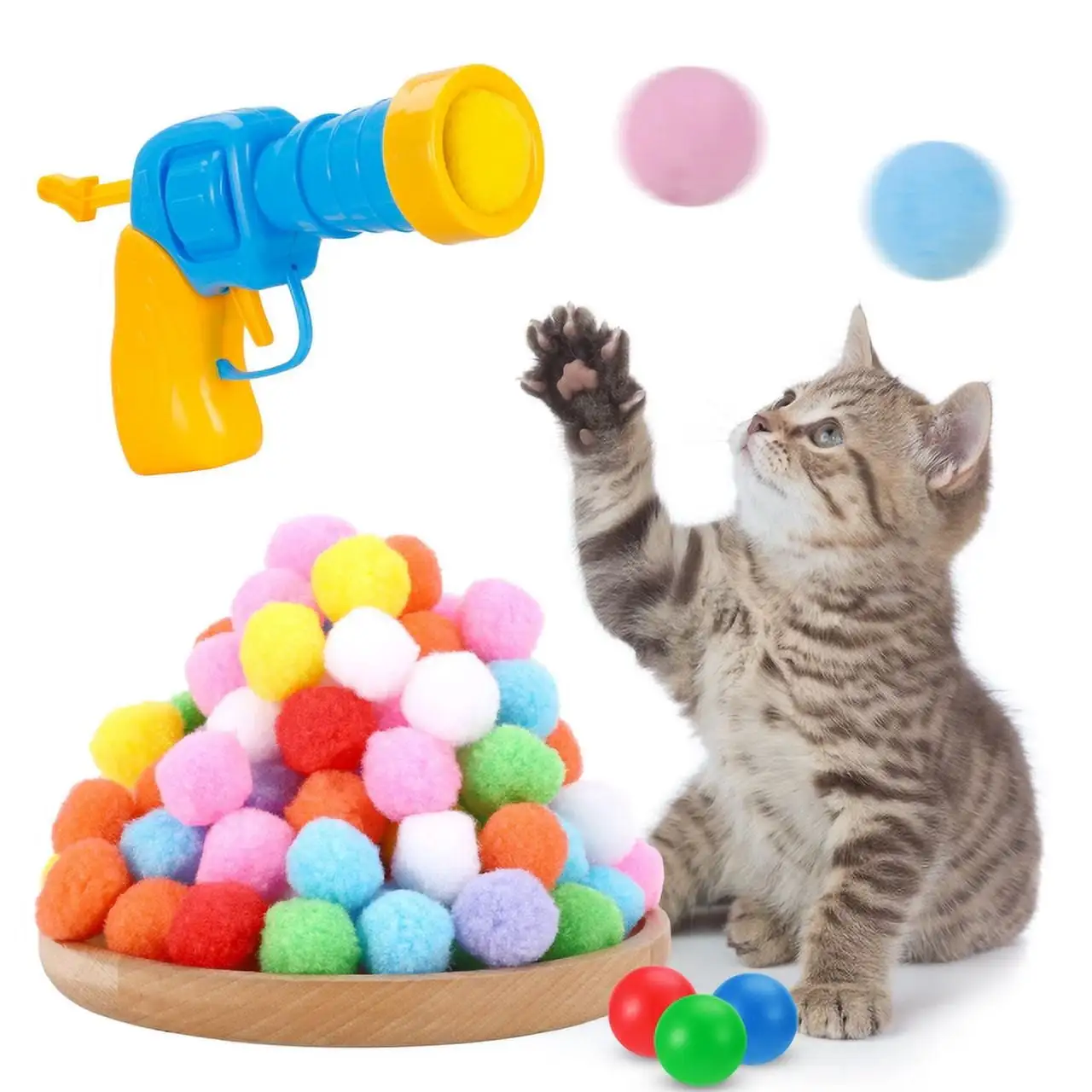 Brother Teddy Cat Ball Launcher. 100Pcs Cat Toy Balls and 3 Pinballs. Silent Plush Elastic Cat Ball Toy. Interactive Cat Toys for Indoor Cats Kitten Toys Blue